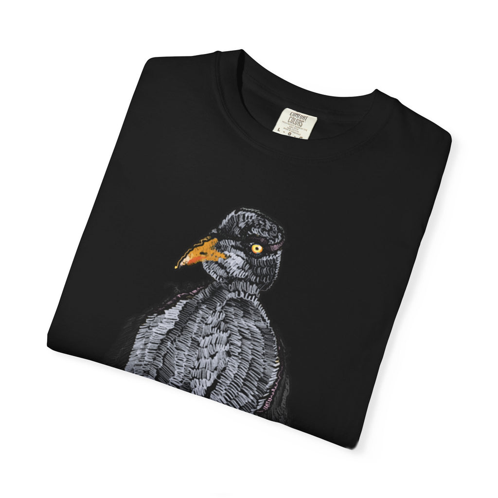 Hand-drawn crocheted staring seagull t-shirt with textured feathers, intense yellow eye and orange legs on Comfort Colors tee from PizzaBytes collection
