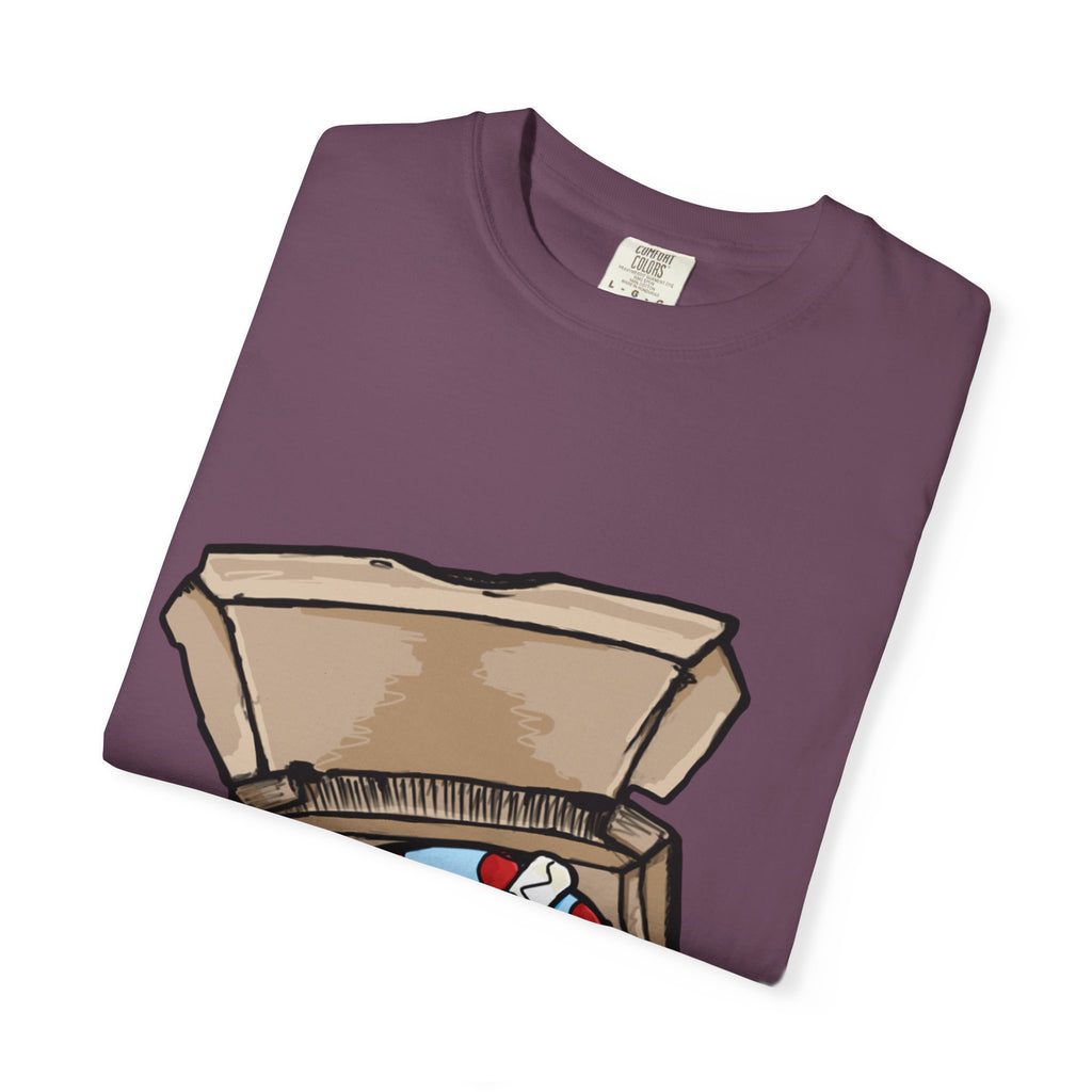 Hand-drawn gift pizza box t-shirt showing open pizza box with blue polka-dotted wrapped gift and red bow on Comfort tee from PizzaBytes collection
