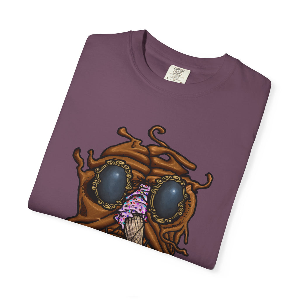 Freaky Features Sandi t-shirt, front shows melting chocolate monster head with ice cream cone nose, back shows open pizza box with donut inside

