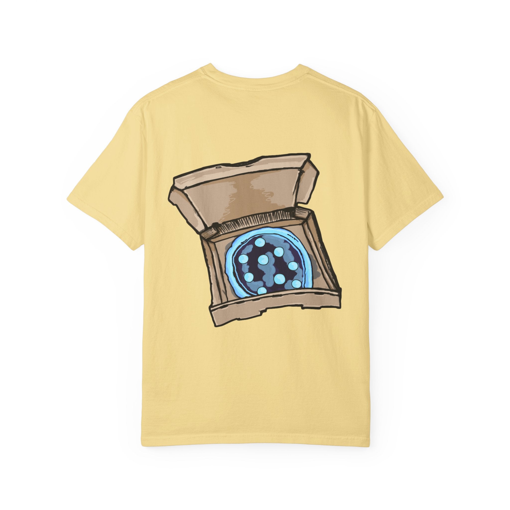 Freaky Features Iceman t-shirt, front shows frozen ice monster head with red goggles and fangs, back shows open pizza box with ice pizza inside
