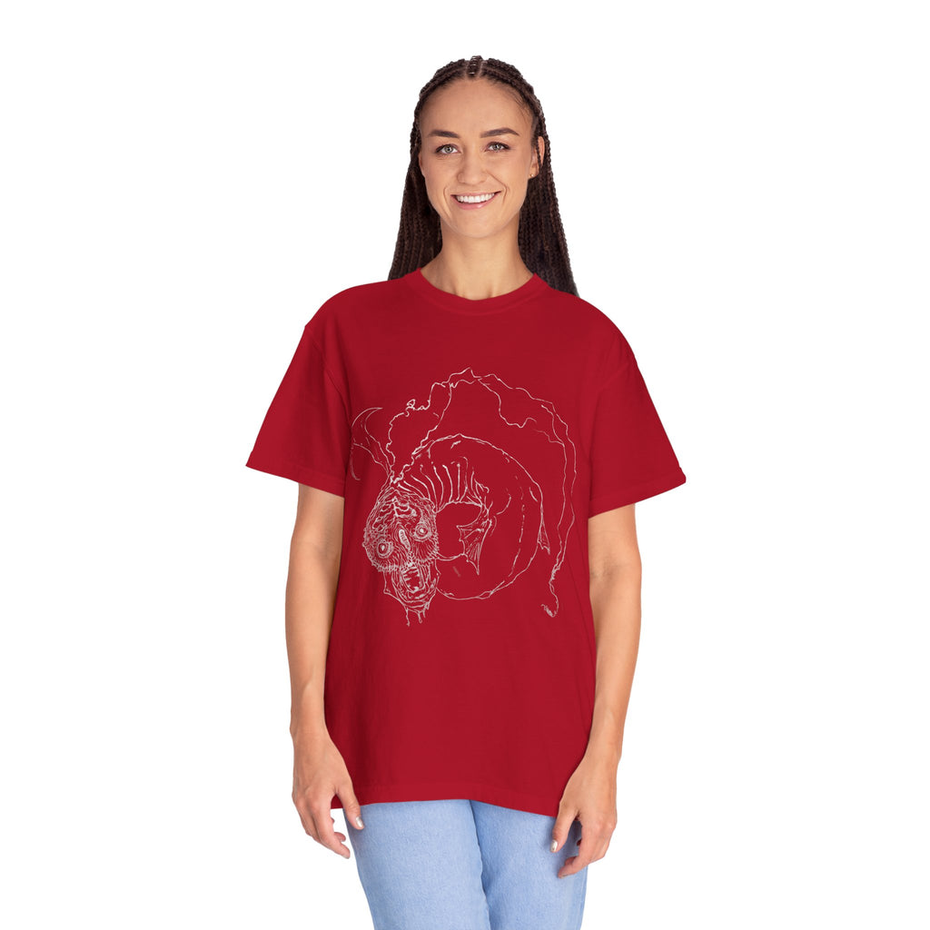 Hand-sketched Fish Monster t-shirt from Serenity Chain collection, eerie deep-sea creature with bulging eyes and flowing fins in white line art on black tee