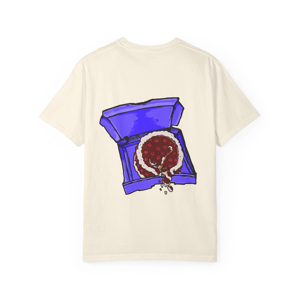 Freaky Features Sad Brian t-shirt, front shows a sad dripping brain monster with tentacles, back shows an open pizza box with half-eaten cake dripping

