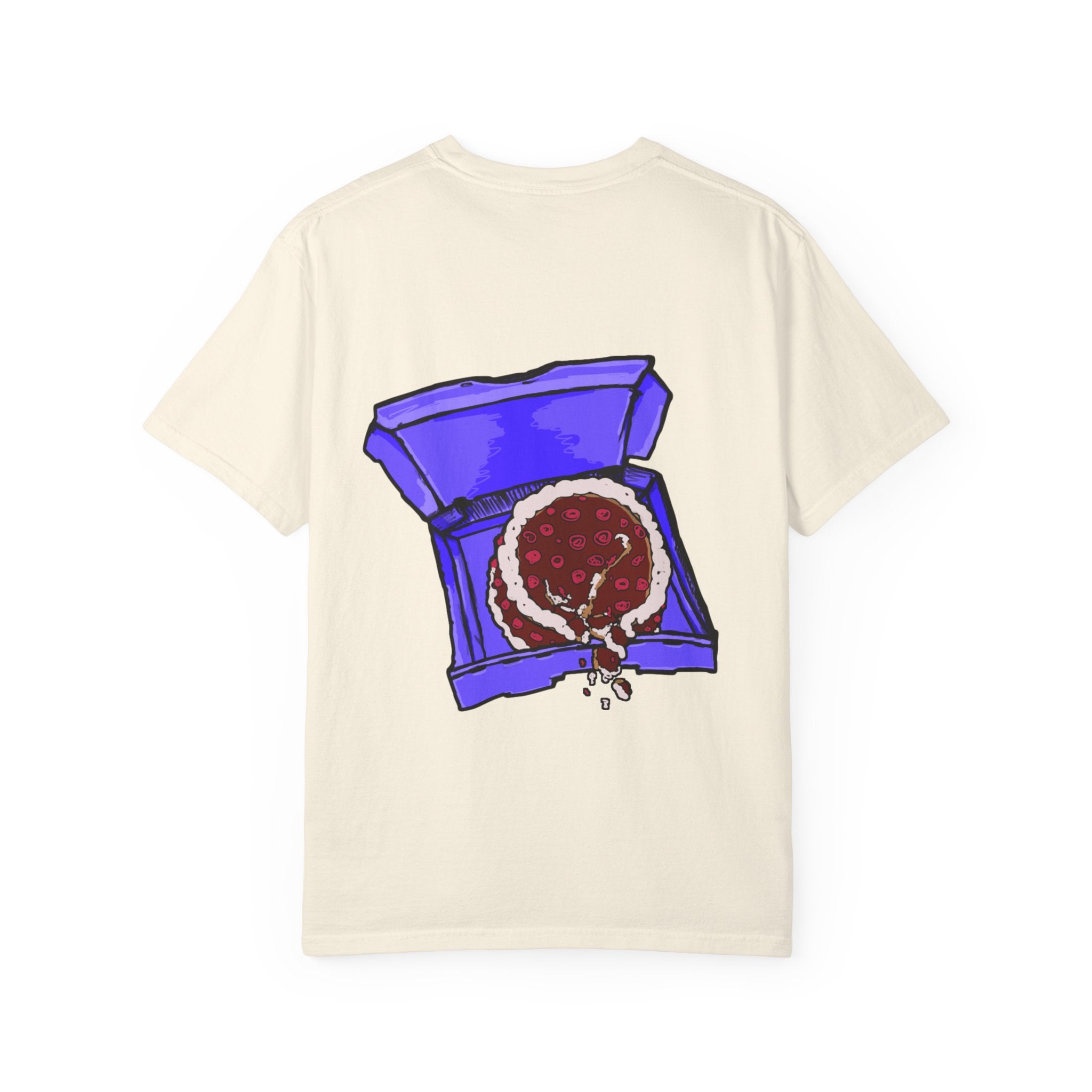 Freaky Features Sad Brian t-shirt, front shows a sad dripping brain monster with tentacles, back shows an open pizza box with half-eaten cake dripping

