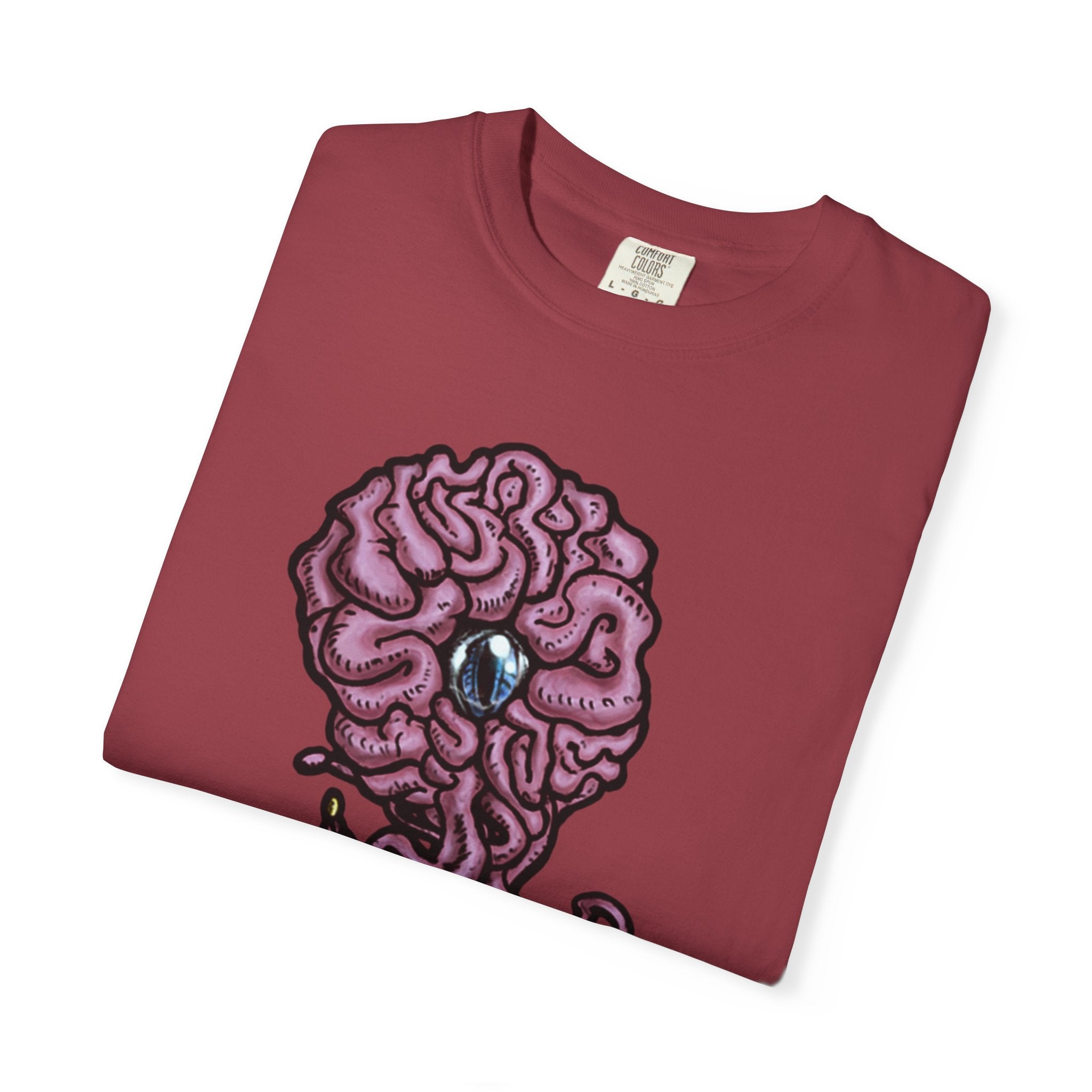Freaky Features Brian t-shirt, front shows purple brain monster with tentacles, back shows open purple pizza box with a donut inside