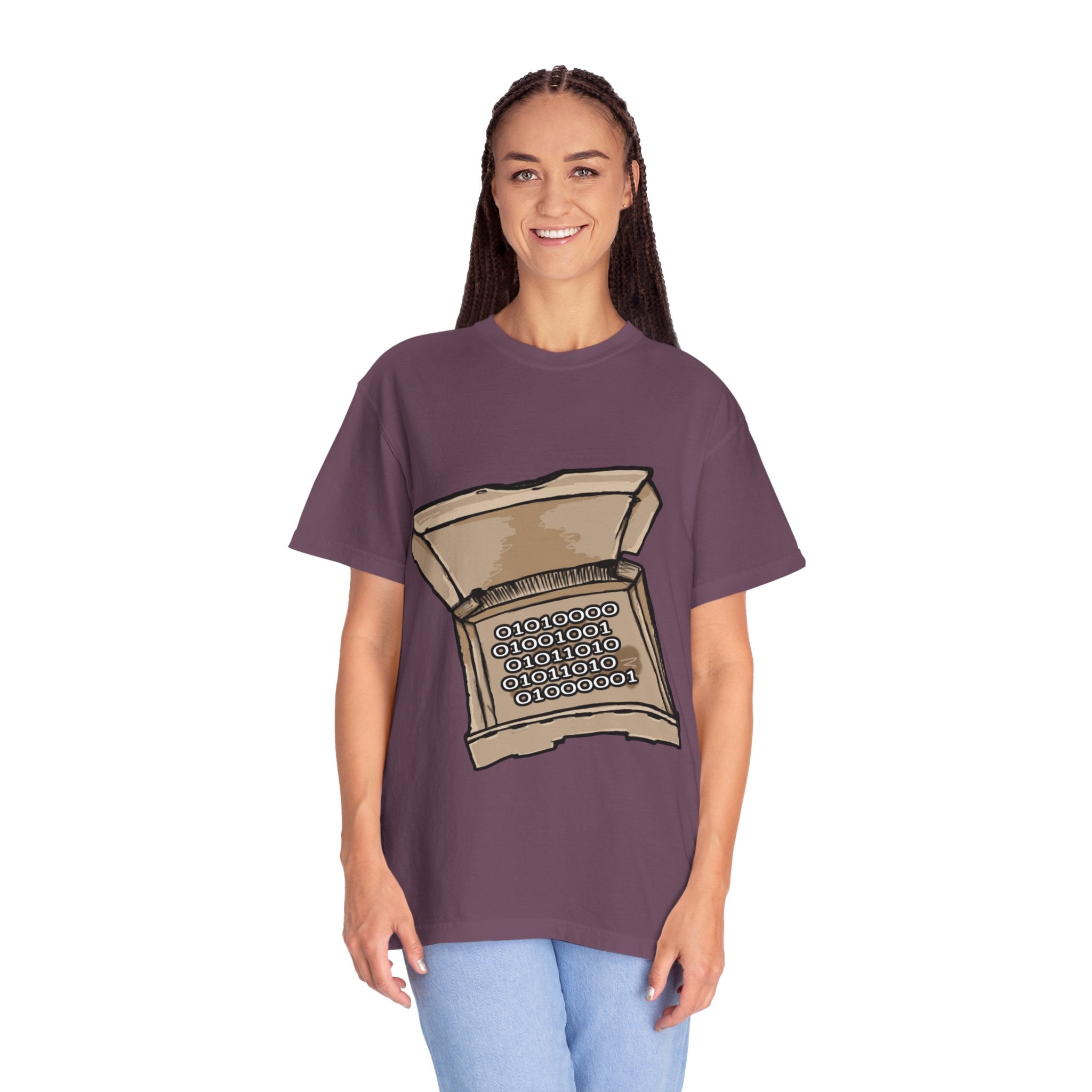 Hand-drawn binary pizza box t-shirt showing open pizza box filled with binary code 010101 from PizzaBytes collection

