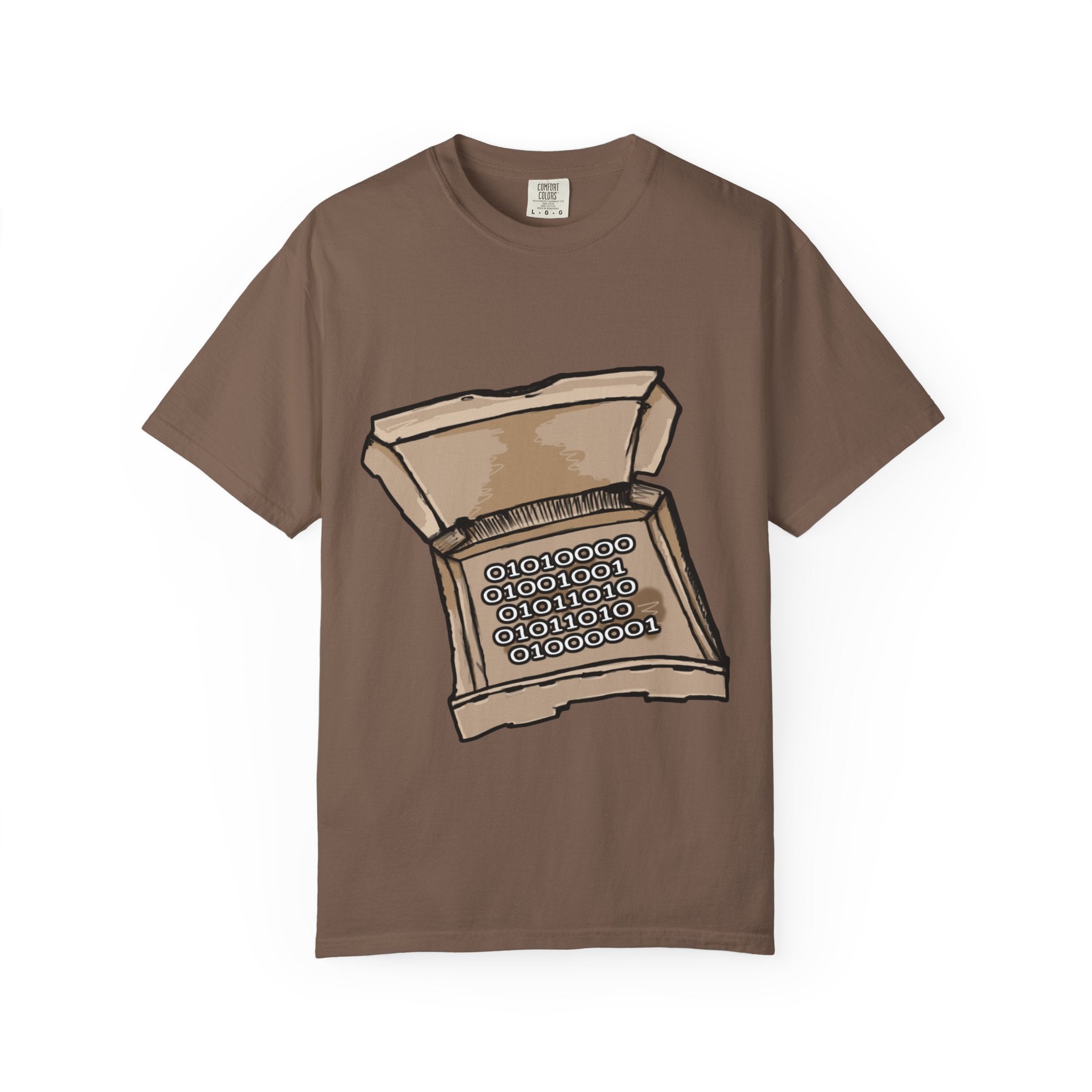 Hand-drawn binary pizza box t-shirt showing open pizza box filled with binary code 010101 from PizzaBytes collection

