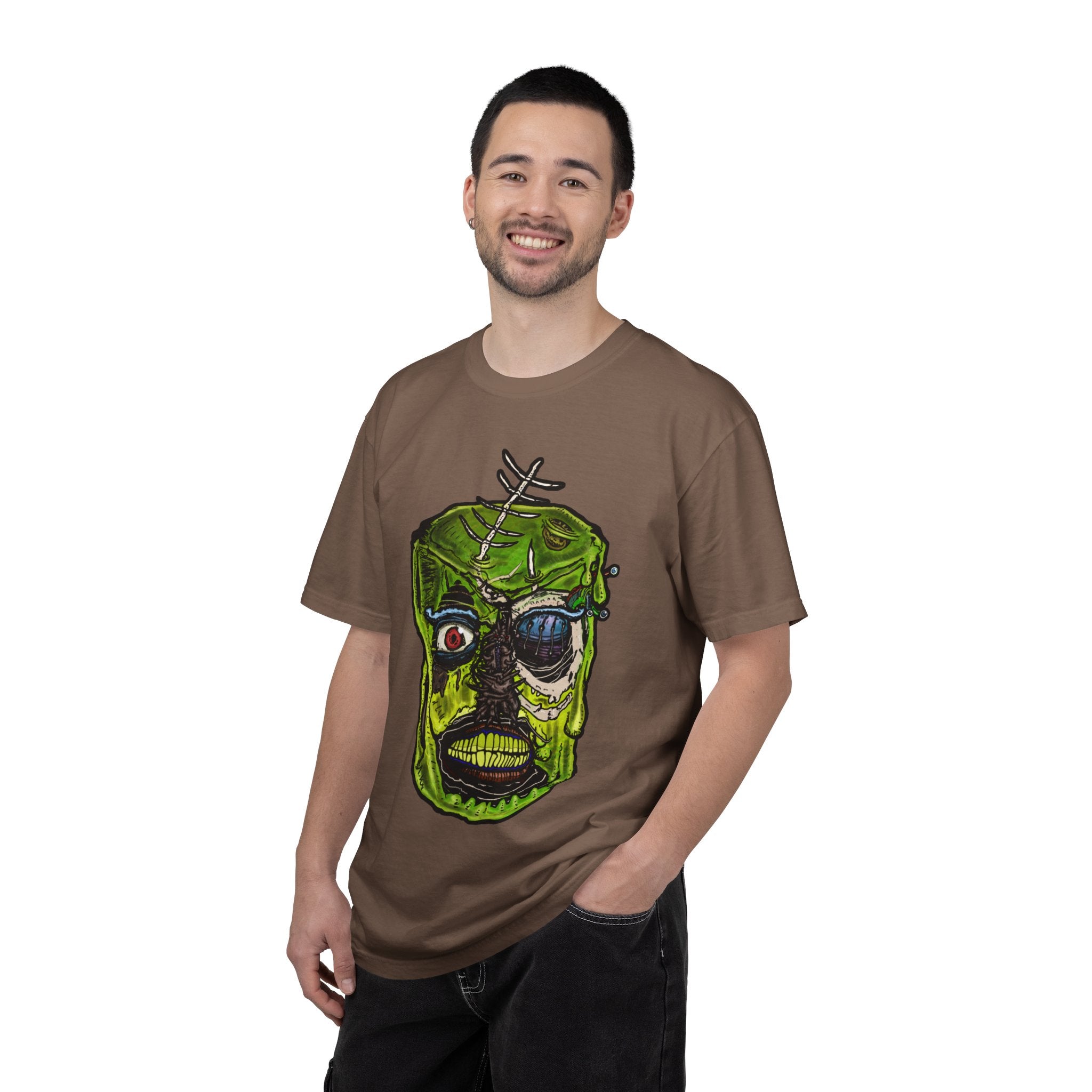 Freaky Features Radioactive Blob t-shirt, front shows neon green radioactive blob monster with cracked skull and glowing eyes, back shows open pizza box with glowing green jelly
