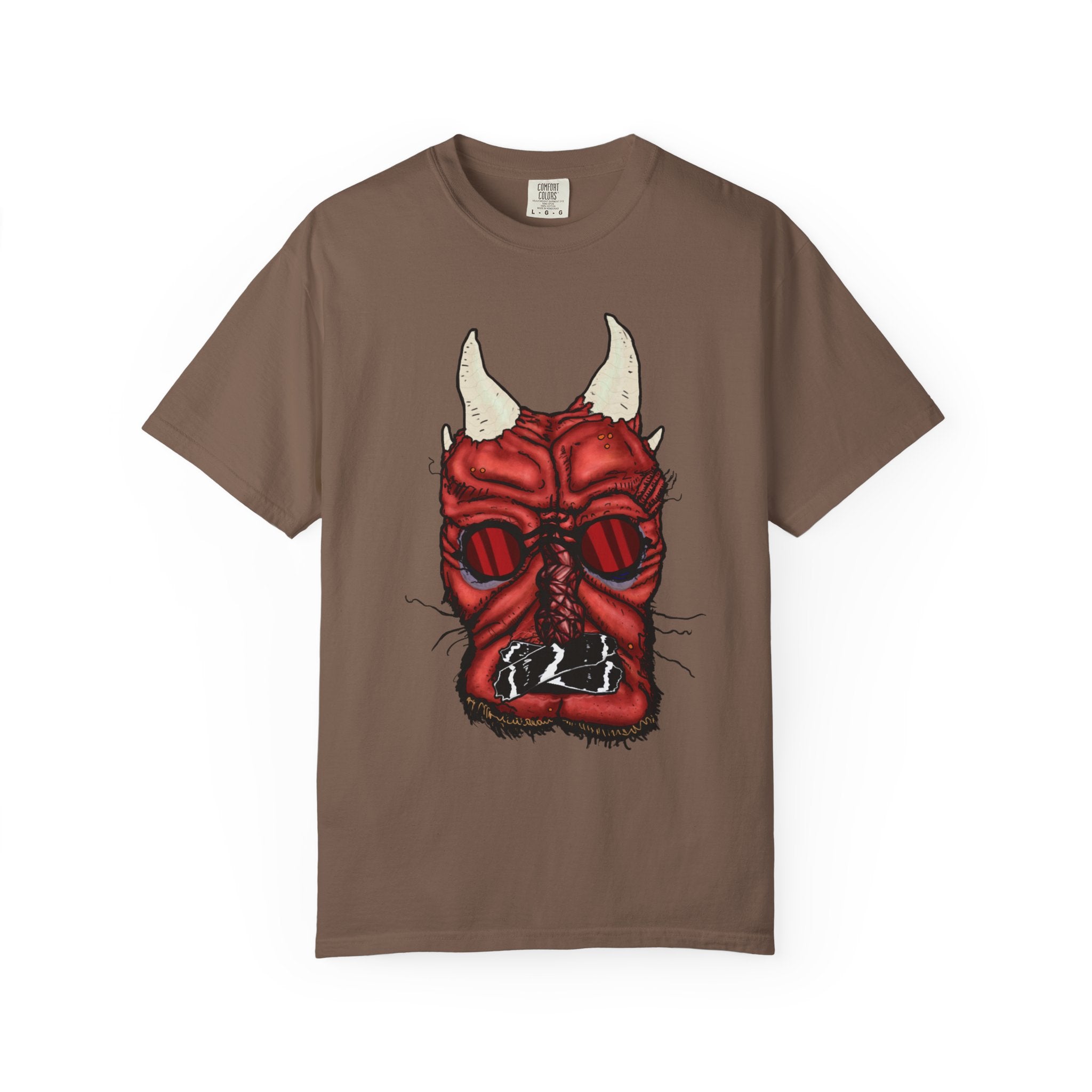 Freaky Features Demon t-shirt, front shows red demon head with horns and glowing eyes, back shows open pizza box being raided by little red devils
