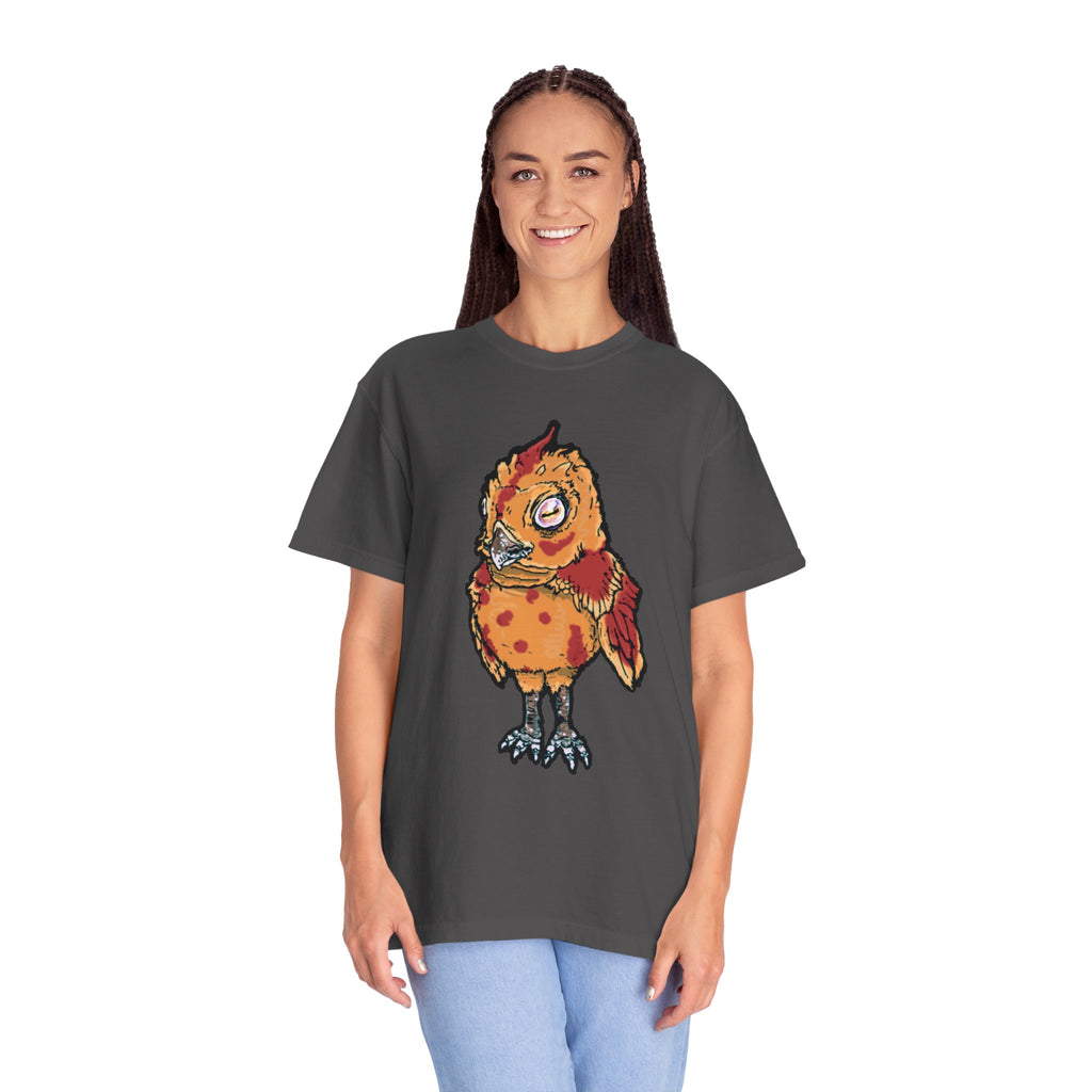 Hand-drawn spotted pizza owl monster t-shirt with melted cheese spots, pepperoni red markings and big multicolored eye tee from PizzaBytes collection
