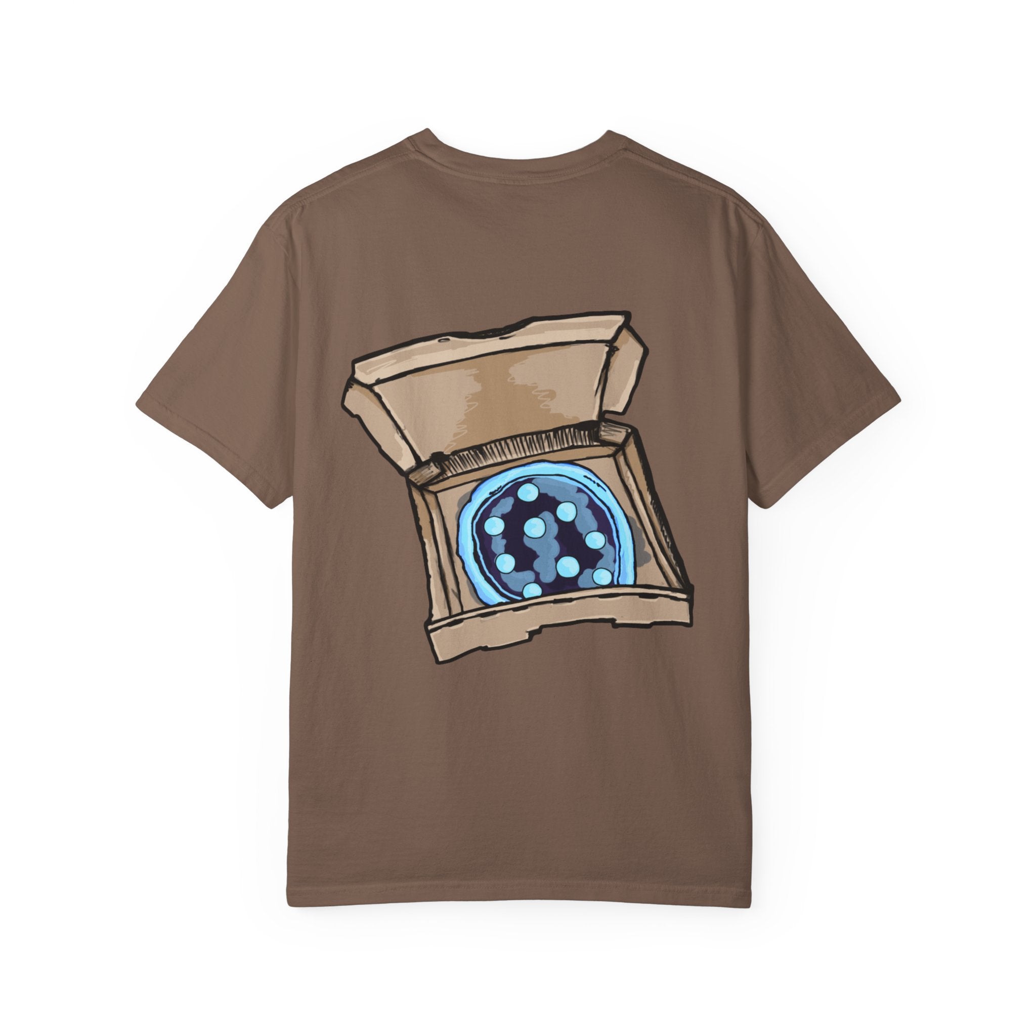 Freaky Features Iceman t-shirt, front shows frozen ice monster head with red goggles and fangs, back shows open pizza box with ice pizza inside
