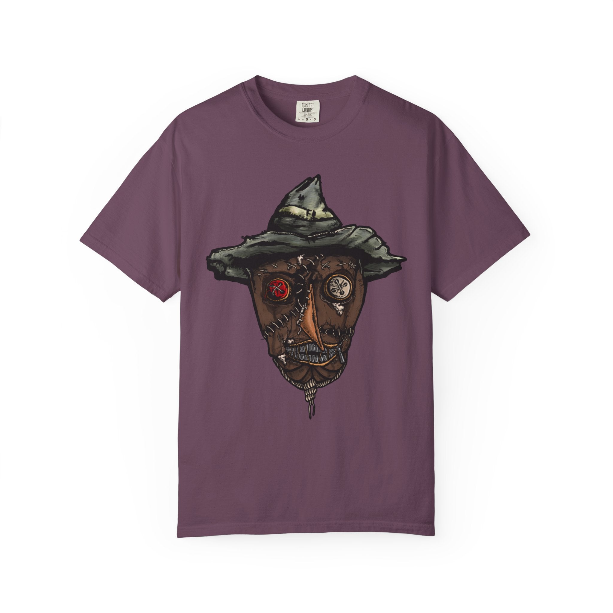 Freaky Features Scarecrow t-shirt, front shows creepy scarecrow head with witch hat and mismatched eyes, back shows open pizza box with lattice cherry pie
