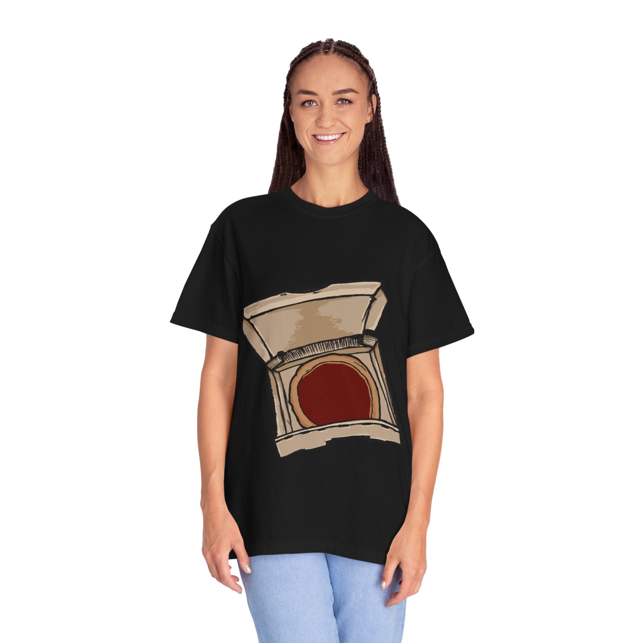Hand-drawn red sauce pizza box t-shirt showing open pizza box with red sauce pizza from PizzaBytes collection


