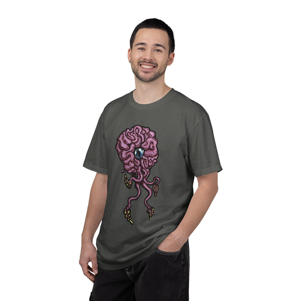 Freaky Features Brian t-shirt, front shows purple brain monster with tentacles, back shows open purple pizza box with a donut inside