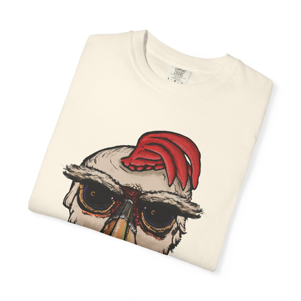 Freaky Features Paranoid Chicken t-shirt, front shows paranoid rooster head, back shows open pizza box with chocolate donut