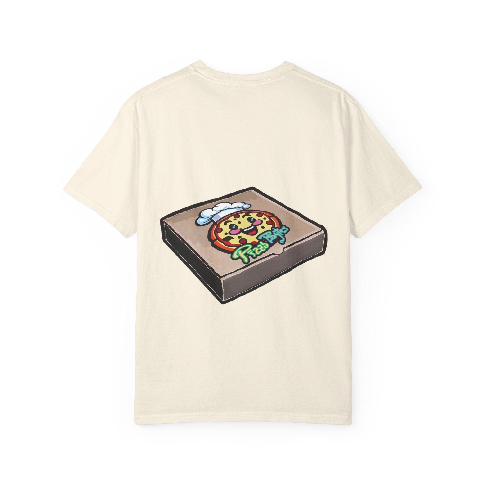 Hand-drawn toxic pizza stack t-shirt with glowing green pizza character and slimy tentacle on tee from PizzaBytes collection