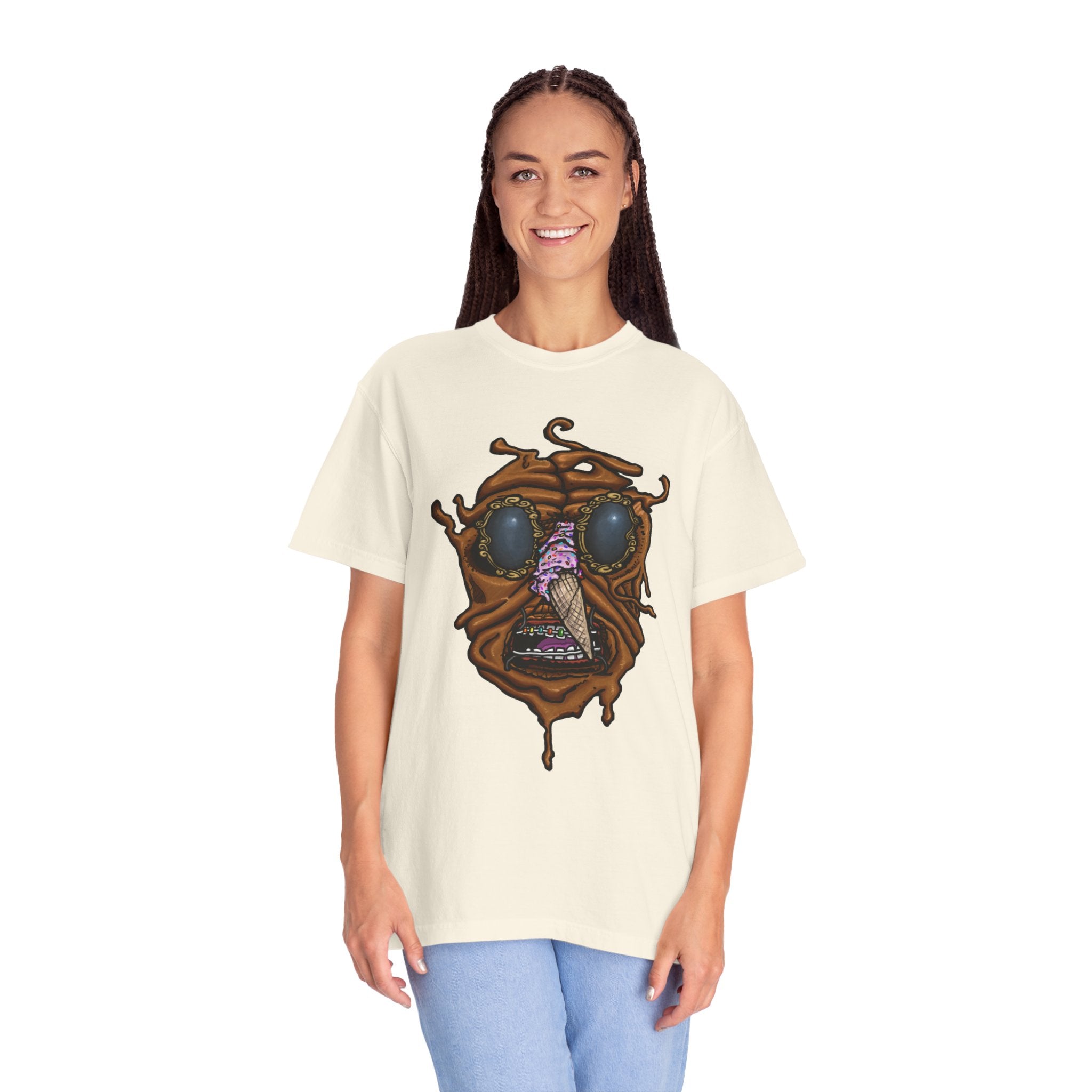 Freaky Features Sandi t-shirt, front shows melting chocolate monster head with ice cream cone nose, back shows open pizza box with donut inside

