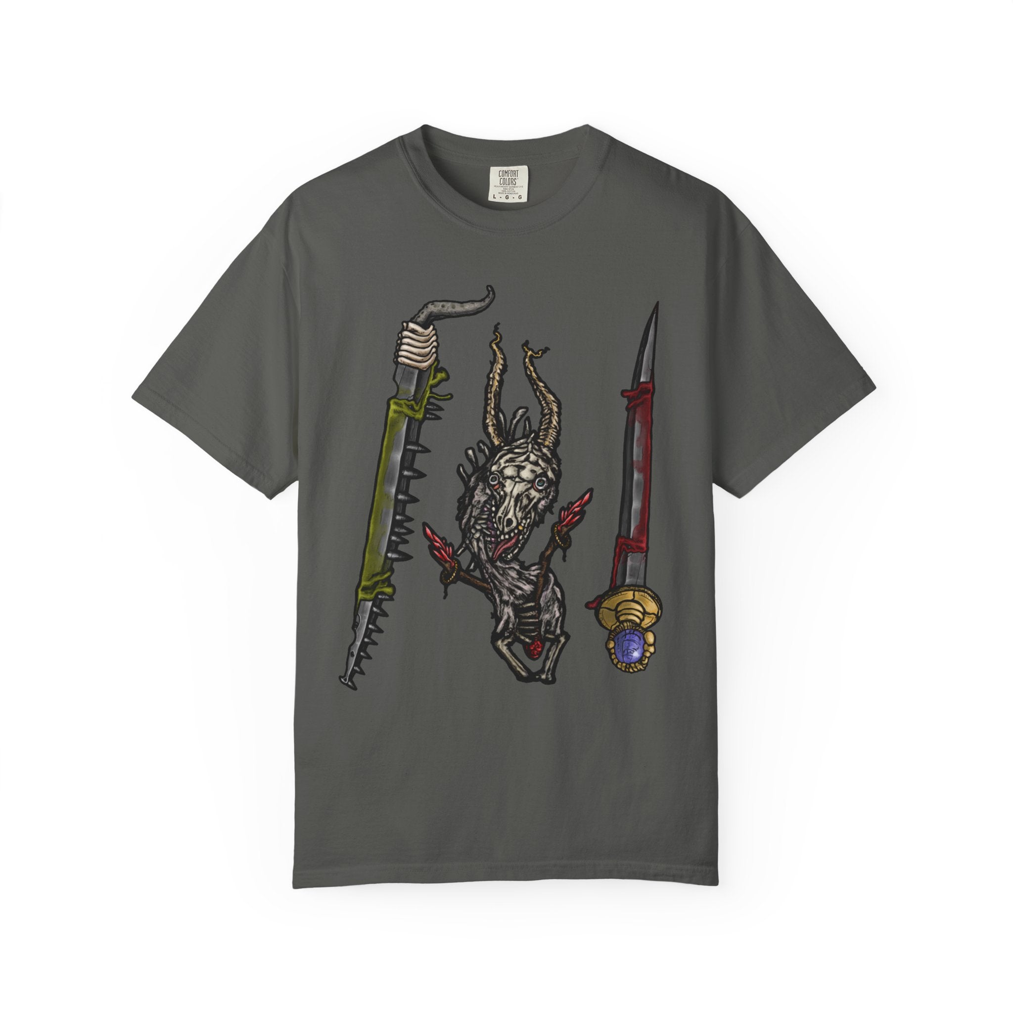 Hand-drawn Item Selection #2 t-shirt from Freaky Features showing a reptilian monster holding a chainsaw sword, bloody dagger and twisted staff on cream tee

