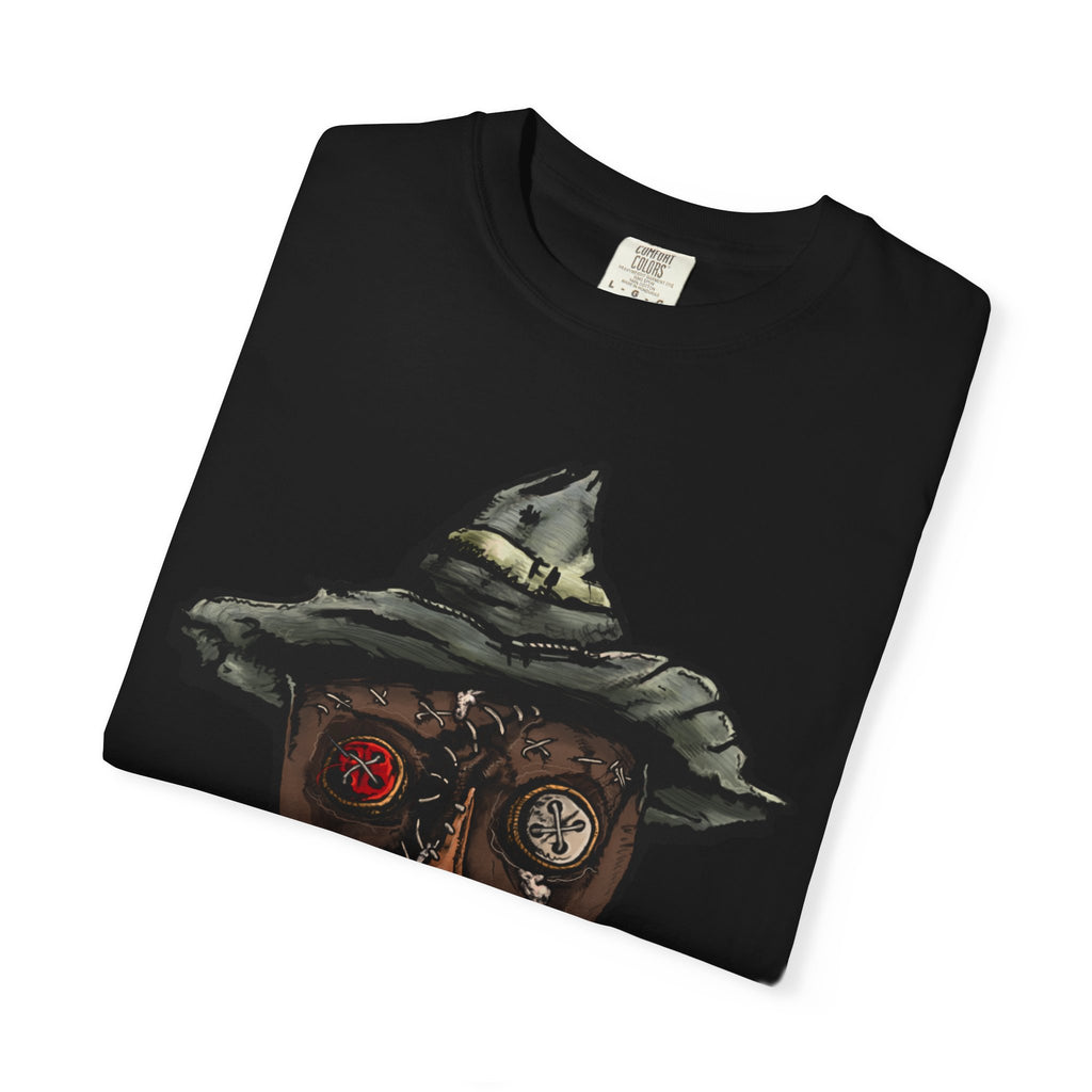 Freaky Features Scarecrow t-shirt, front shows creepy scarecrow head with witch hat and mismatched eyes, back shows open pizza box with lattice cherry pie
