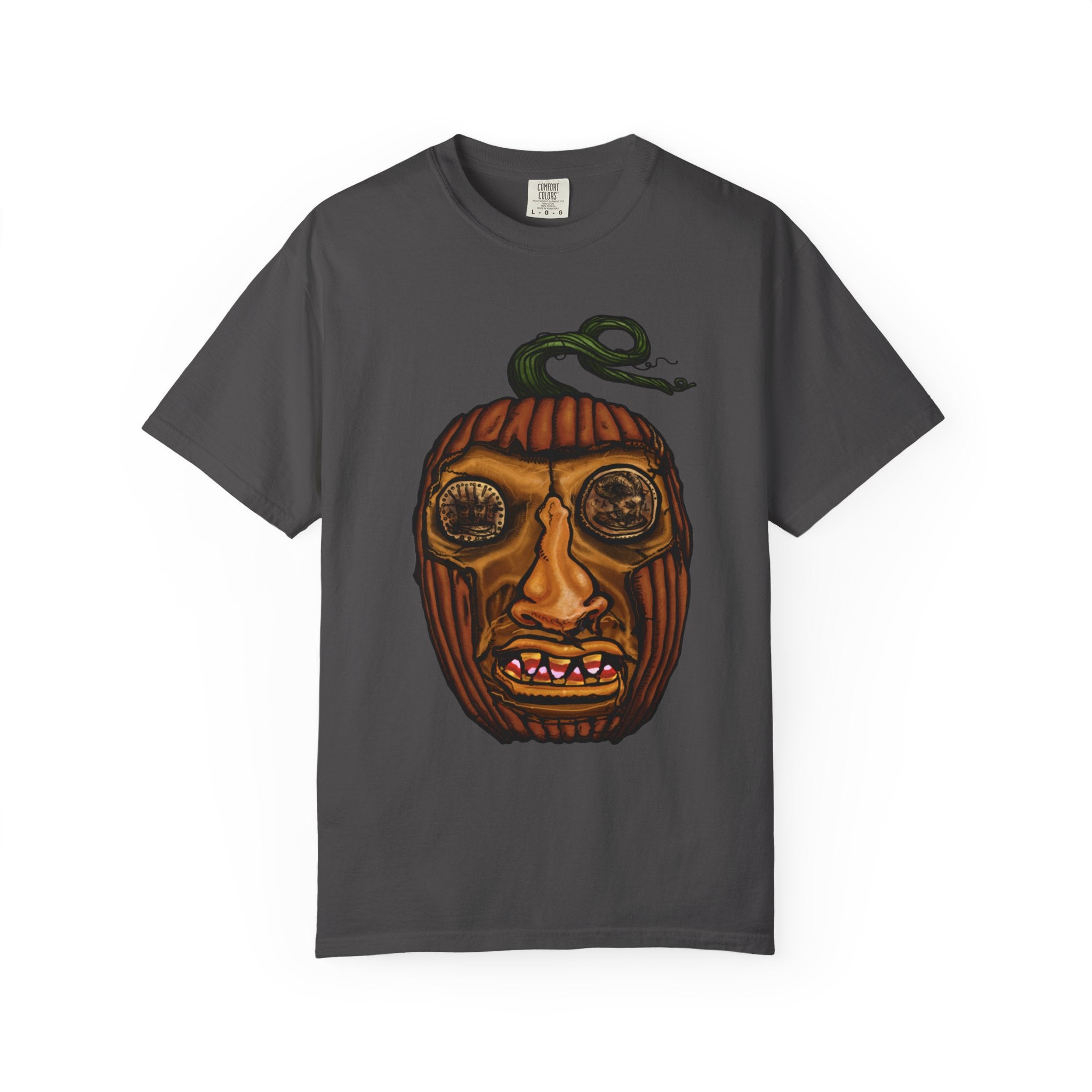Freaky Features PumpkinJack t-shirt, front shows creepy pumpkin head with vine and candy-corn teeth, back shows open pizza box with two calzones inside
