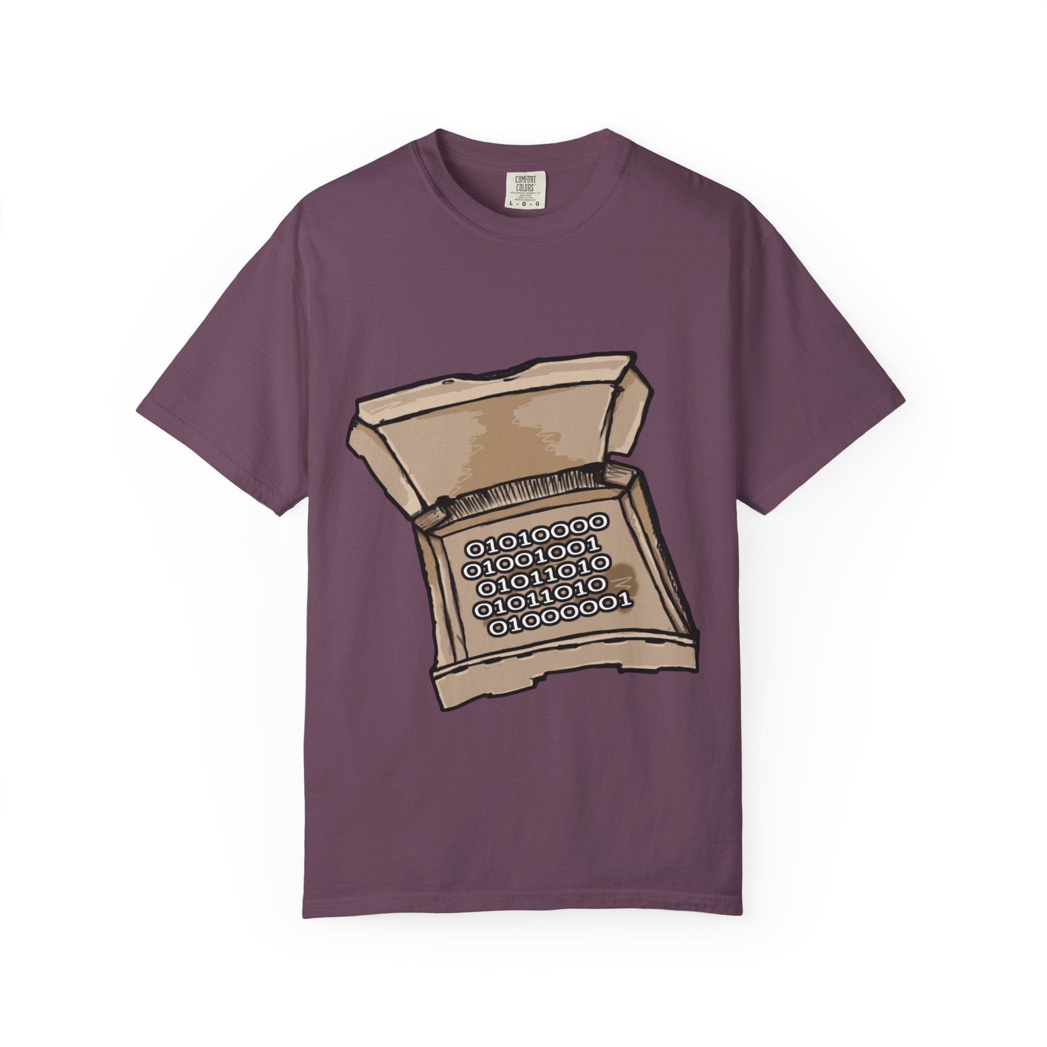 Hand-drawn binary pizza box t-shirt showing open pizza box filled with binary code 010101 from PizzaBytes collection

