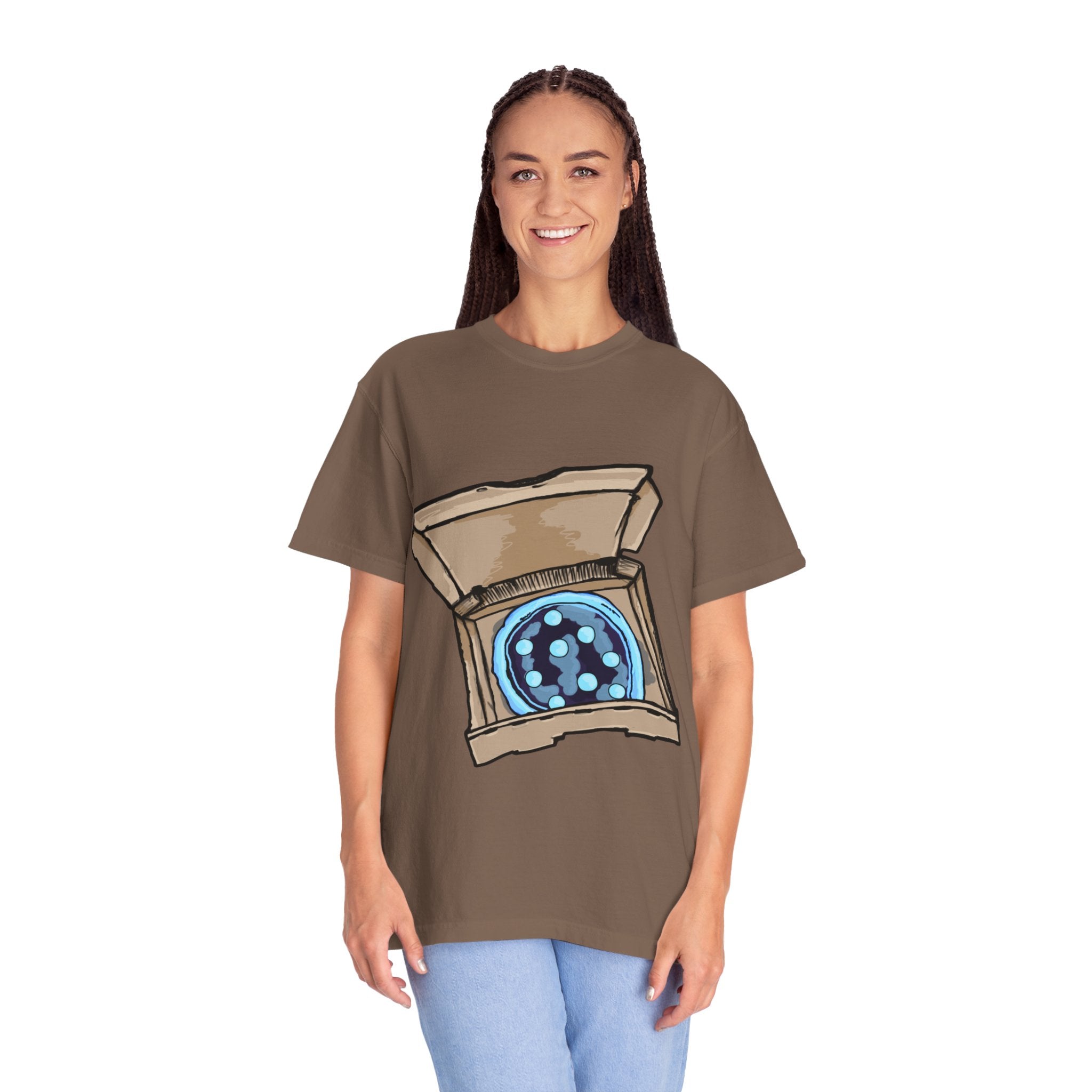 Hand-drawn ice pizza box t-shirt showing open pizza box with glowing blue ice pizza and floating orbs from PizzaBytes collection

