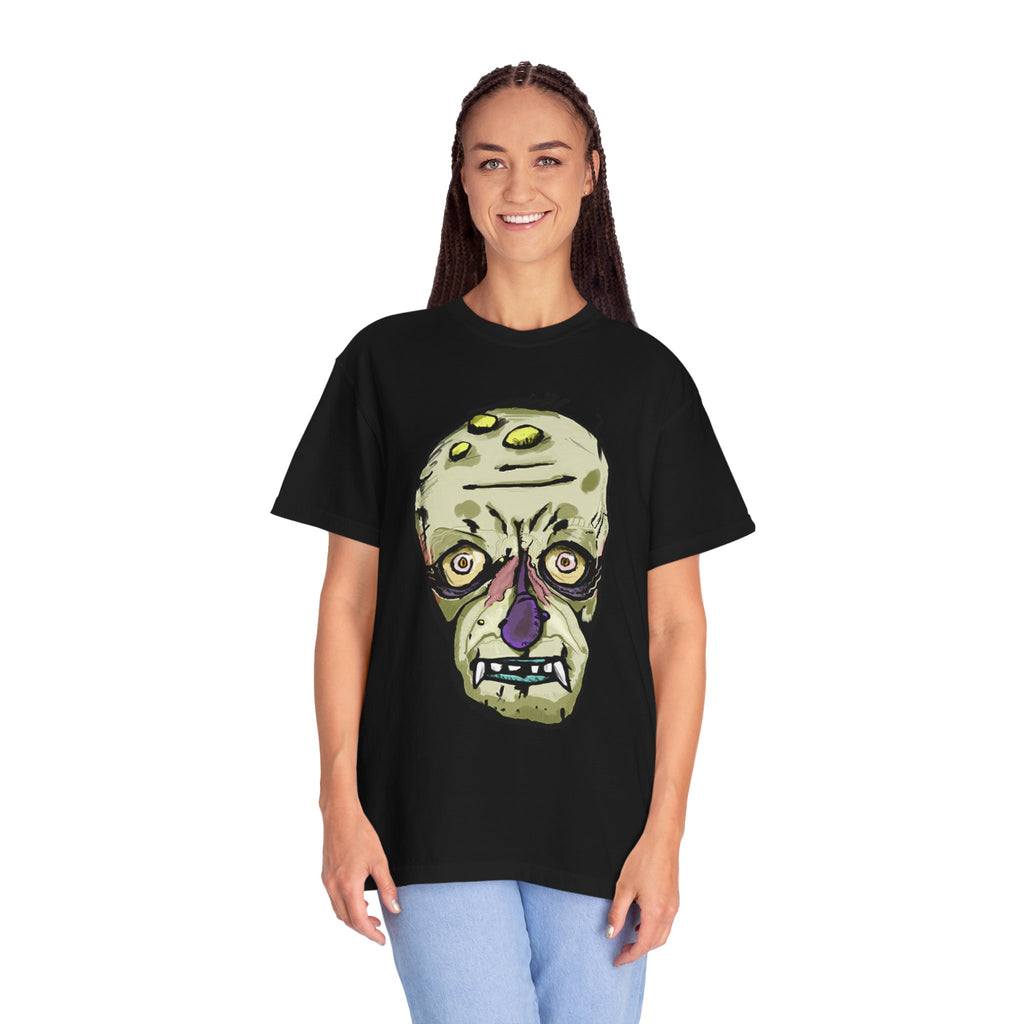 Freaky Features Gremlin t-shirt, front shows grotesque gremlin head with yellow hair and long tongue, back shows open pizza box with wrapped gift inside
