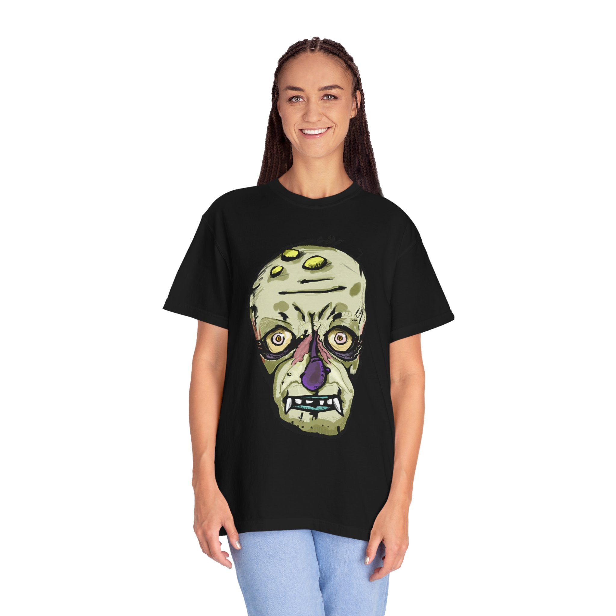 Freaky Features Gremlin t-shirt, front shows grotesque gremlin head with yellow hair and long tongue, back shows open pizza box with wrapped gift inside
