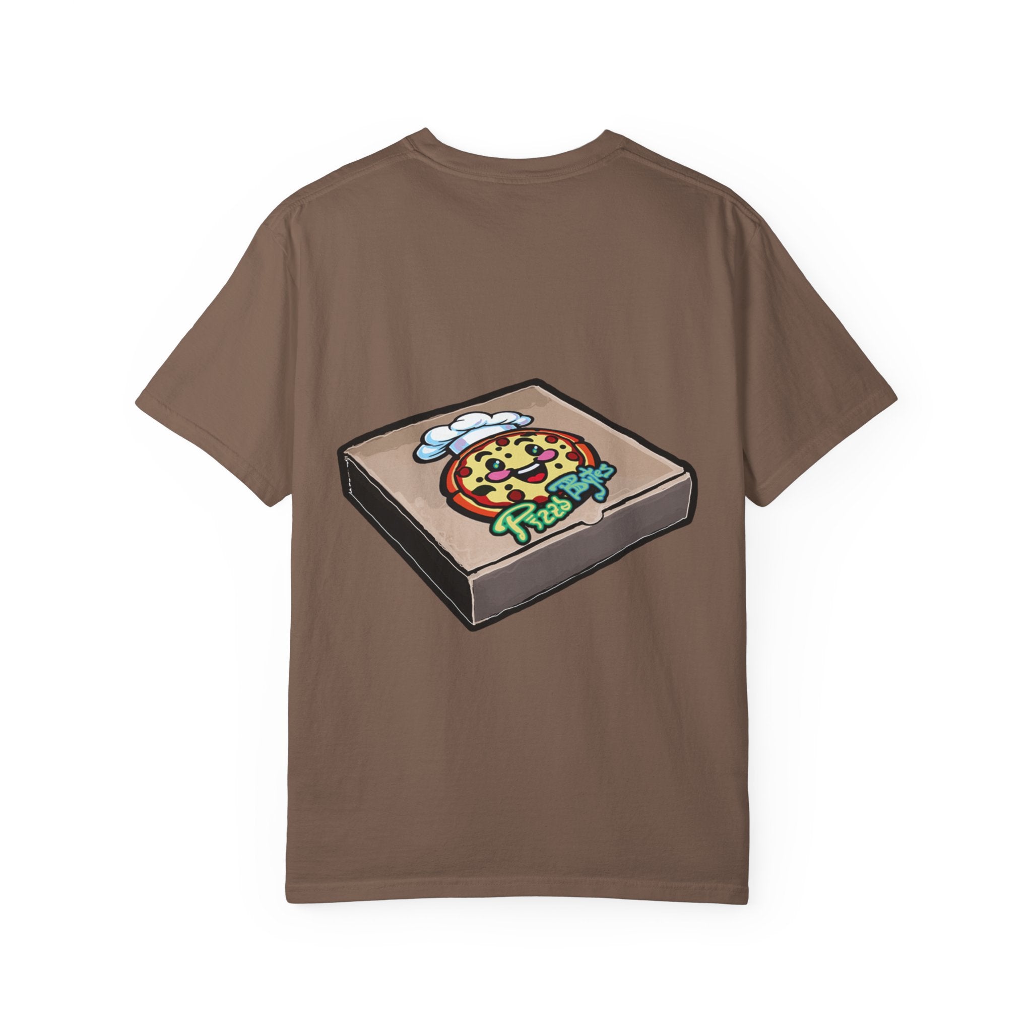 Hand-drawn sewer pizza box t-shirt showing open pizza box with skeletons, bones and green sludge pizza from PizzaBytes collection

