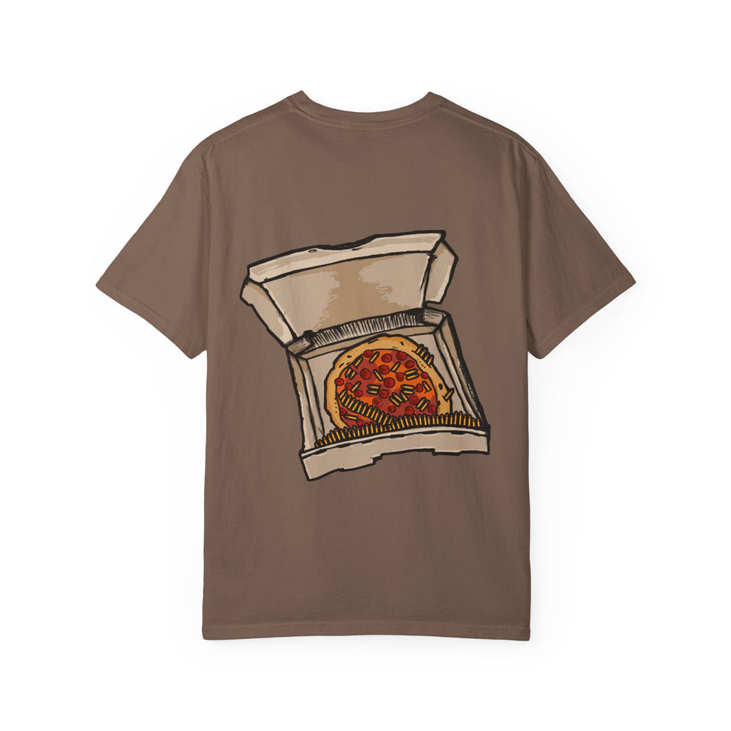 Freaky Features Flaming Skull t-shirt, front shows flaming skull with hypnotic eyes and chili nose, back shows open pizza box with loaded pepperoni pizza
