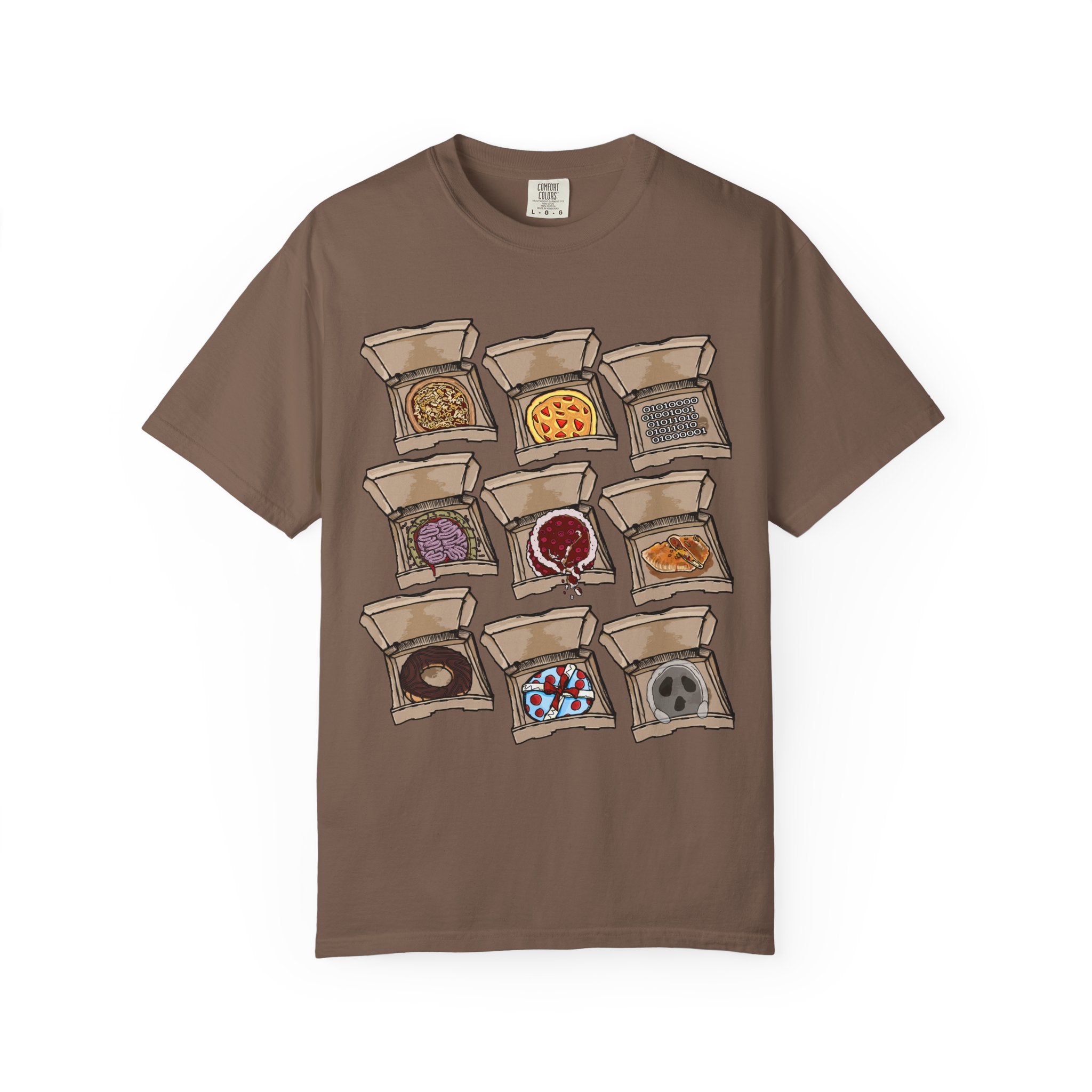 Hand-drawn PizzaBytes Set #1 t-shirt showing a 3x3 grid of open pizza boxes with brain pizza, ghost pizza, donut, binary code and more weird designs from PizzaBytes collection

