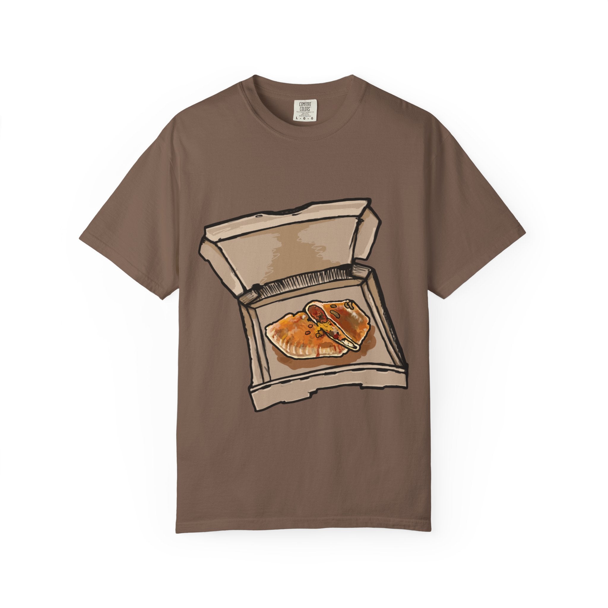 Hand-drawn calzone pizza box t-shirt showing open pizza box with two calzones from PizzaBytes collection

