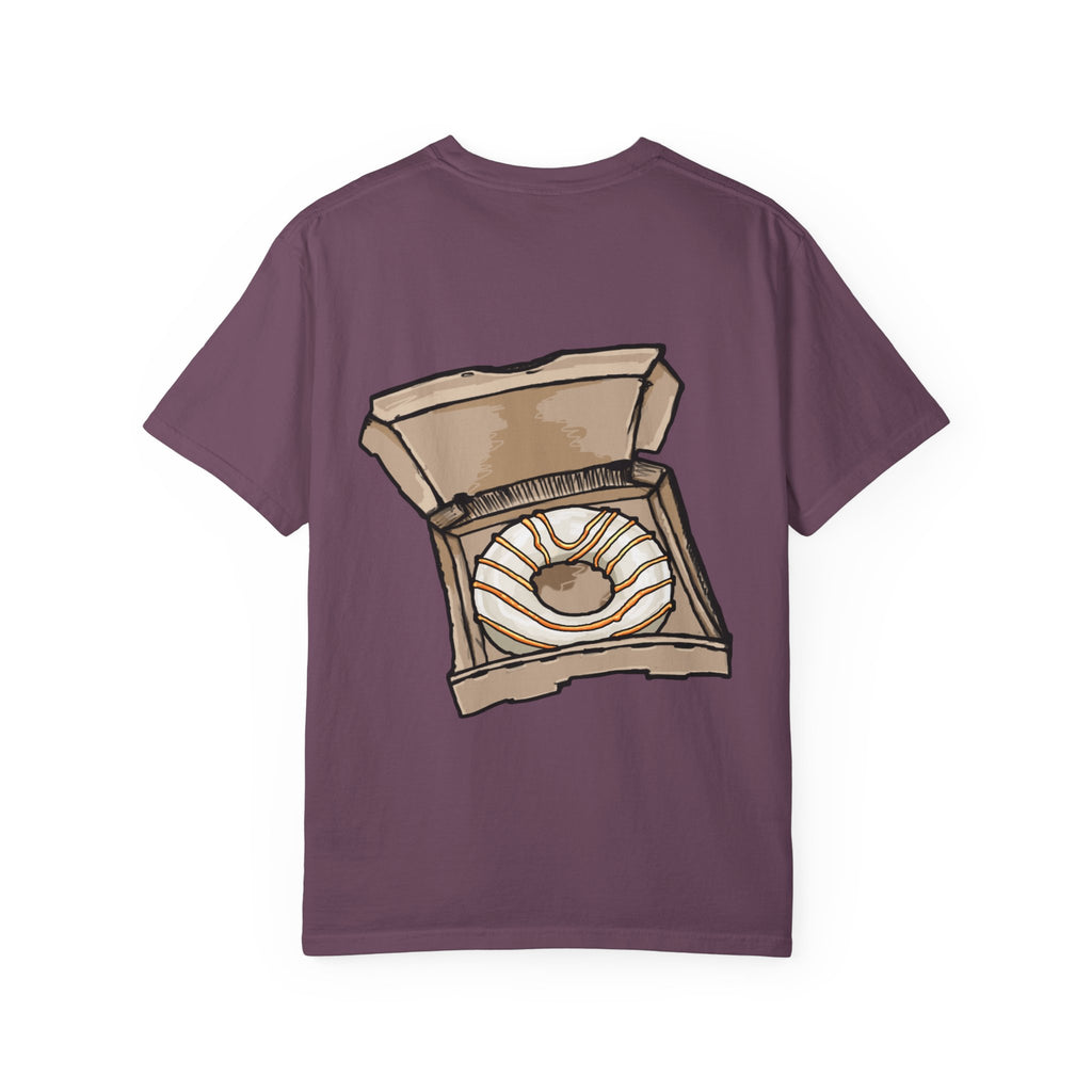 Freaky Features Sandi t-shirt, front shows melting chocolate monster head with ice cream cone nose, back shows open pizza box with donut inside

