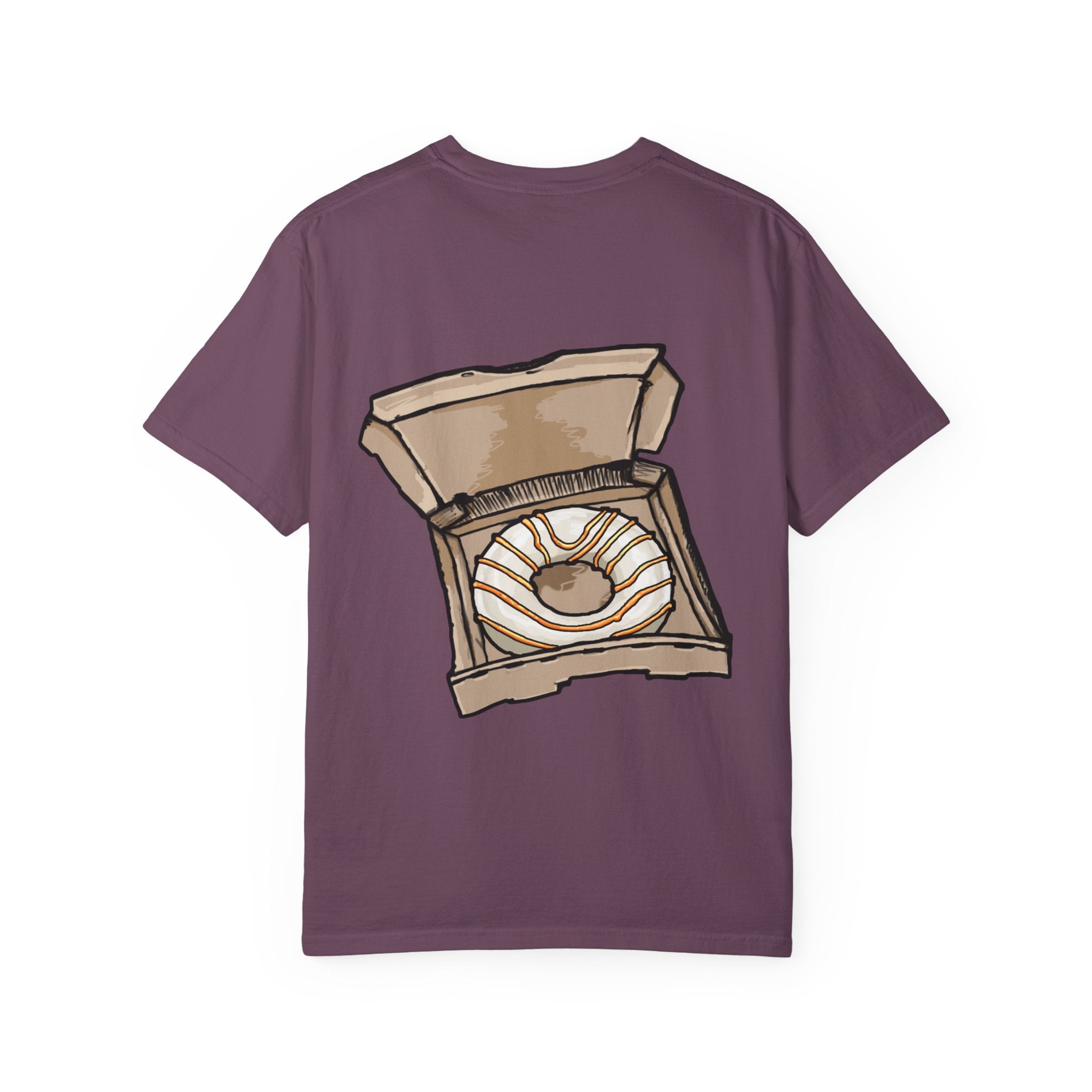Freaky Features Sandi t-shirt, front shows melting chocolate monster head with ice cream cone nose, back shows open pizza box with donut inside

