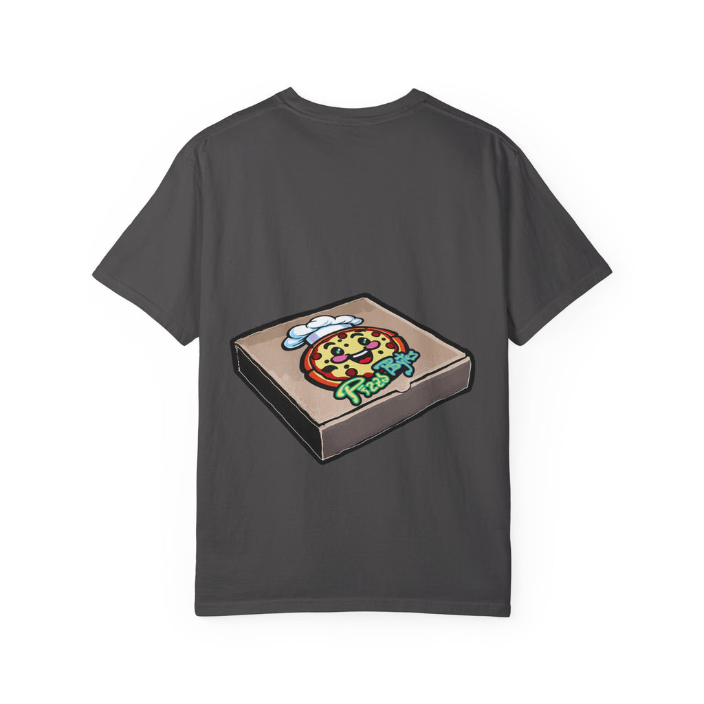 Hand-drawn cake pizza box t-shirt showing open pizza box with melting cake from PizzaBytes collection

