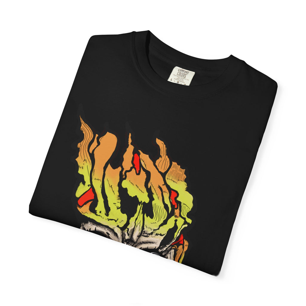 Freaky Features Flaming Skull t-shirt, front shows flaming skull with hypnotic eyes and chili nose, back shows open pizza box with loaded pepperoni pizza
