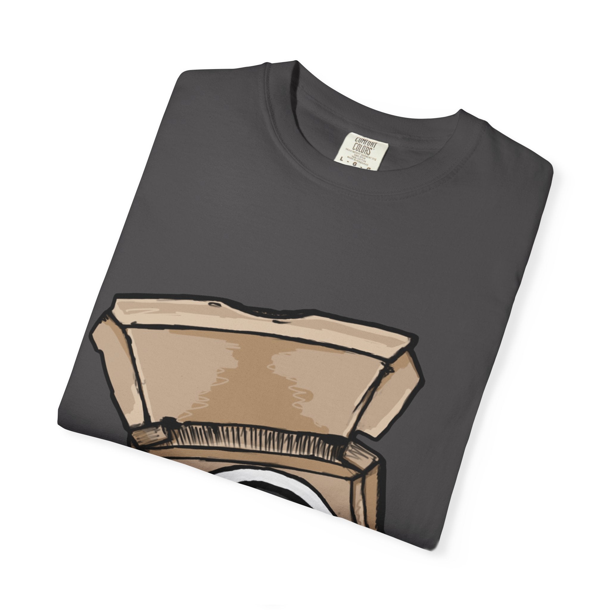 Hand-drawn swirl hypno pizza box t-shirt showing open pizza box with hypnotic spiral pattern from PizzaBytes collection

