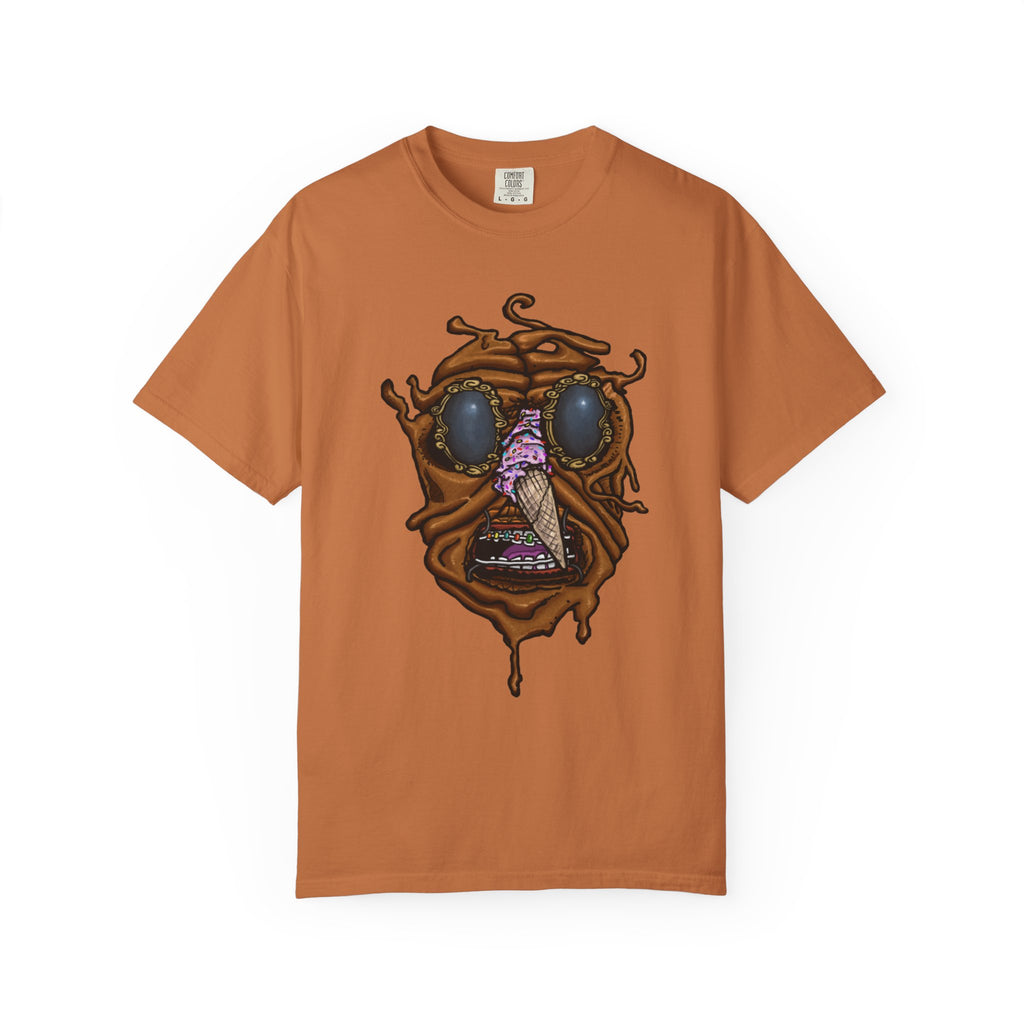 Freaky Features Sandi t-shirt, front shows melting chocolate monster head with ice cream cone nose, back shows open pizza box with donut inside

