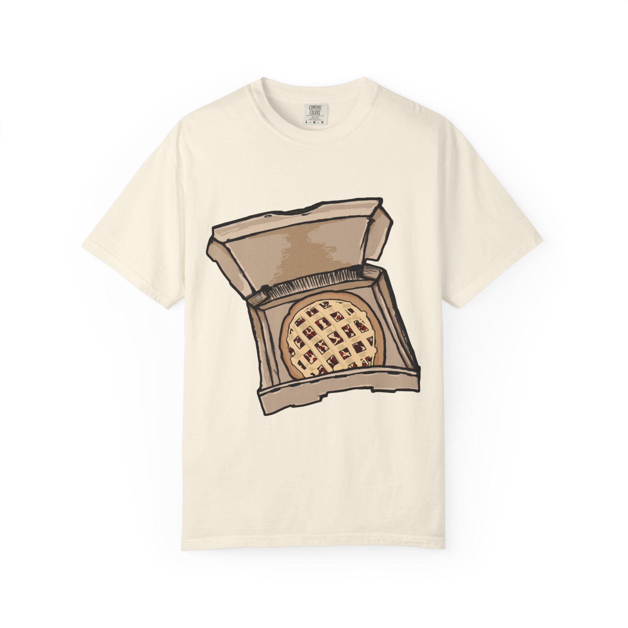 Hand-drawn cherry pie pizza box t-shirt showing open pizza box with lattice-top cherry pie from PizzaBytes collection

