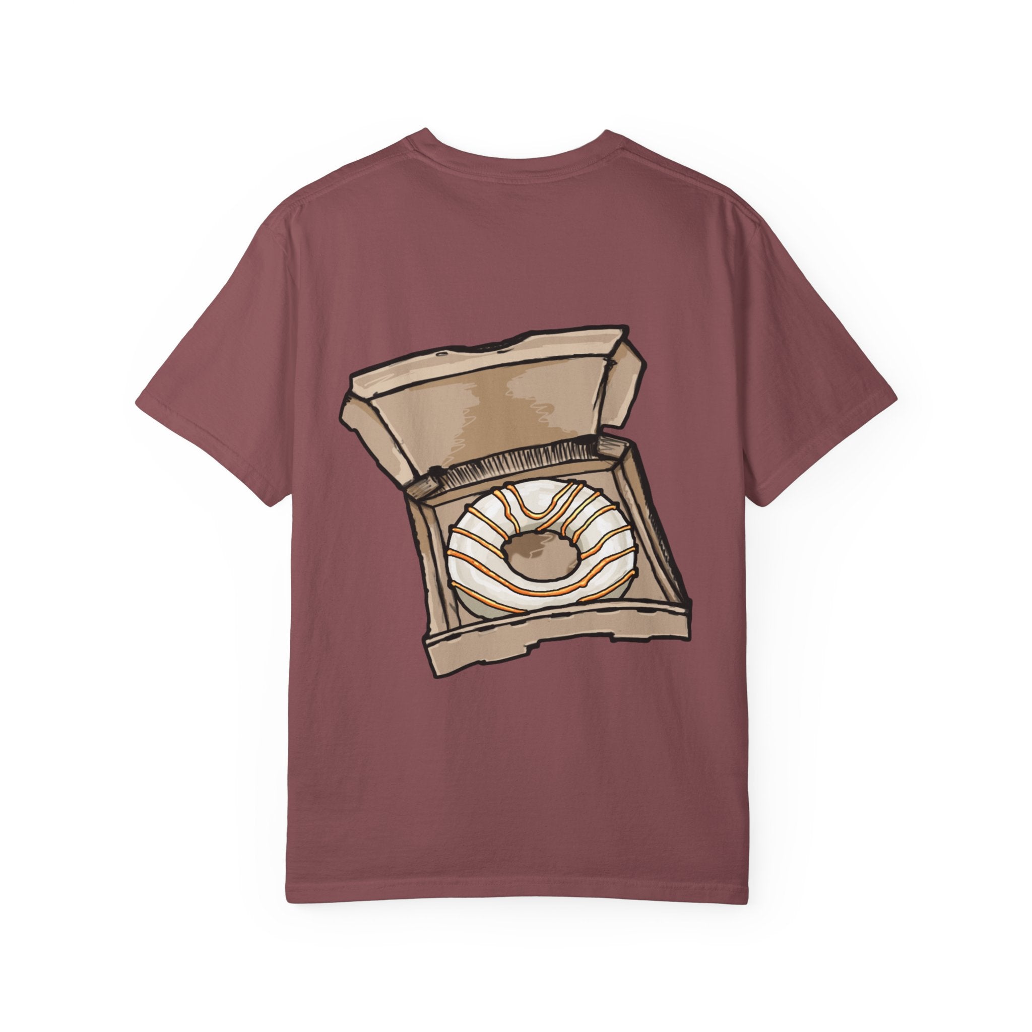 Freaky Features Sandi t-shirt, front shows melting chocolate monster head with ice cream cone nose, back shows open pizza box with donut inside

