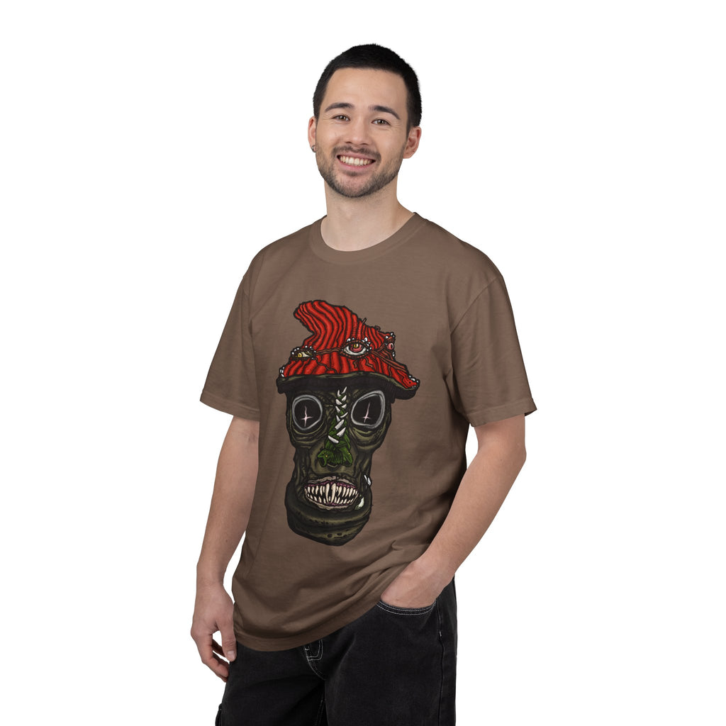 Freaky Features Mushroom Boy t-shirt, front shows grotesque mushroom skull with red cap and multiple eyes, back shows open pizza box with rainbow sprinkle donut
