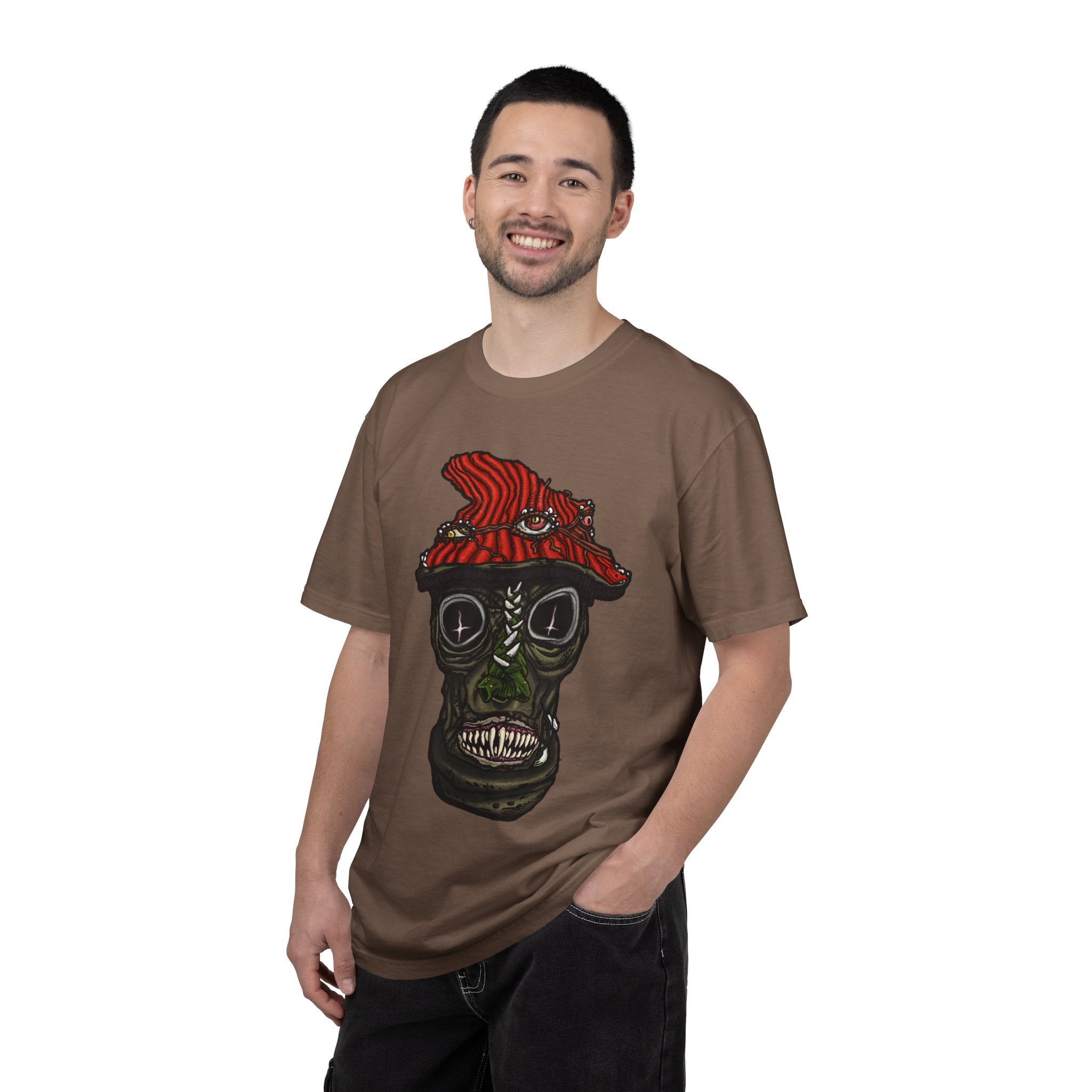 Freaky Features Mushroom Boy t-shirt, front shows grotesque mushroom skull with red cap and multiple eyes, back shows open pizza box with rainbow sprinkle donut
