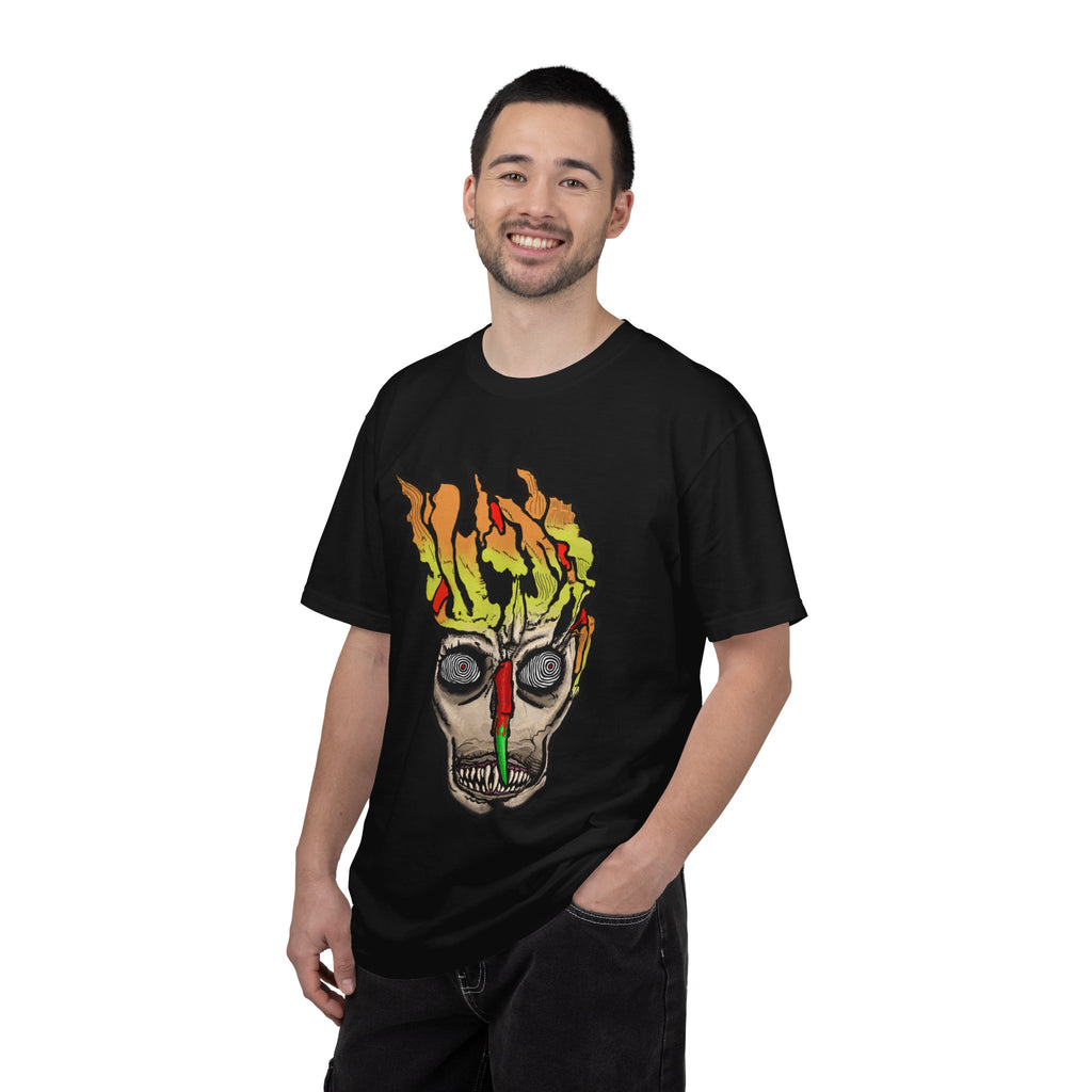 Freaky Features Flaming Skull t-shirt, front shows flaming skull with hypnotic eyes and chili nose, back shows open pizza box with loaded pepperoni pizza
