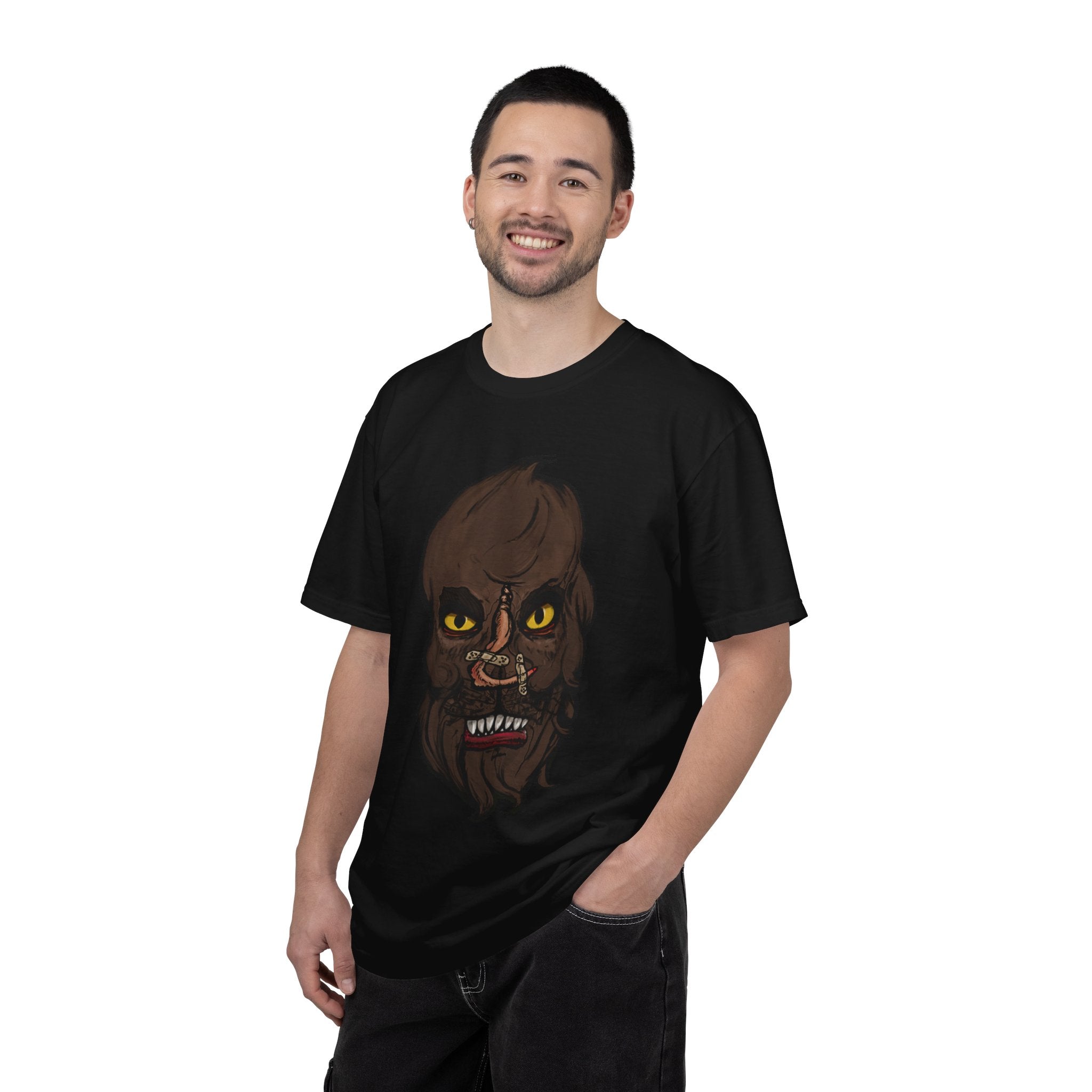Freaky Features Werewolf t-shirt, front shows werewolf head with glowing yellow eyes and bandaged nose, back shows open pizza box with pepperoni pizza topped with mini cheeseburgers
