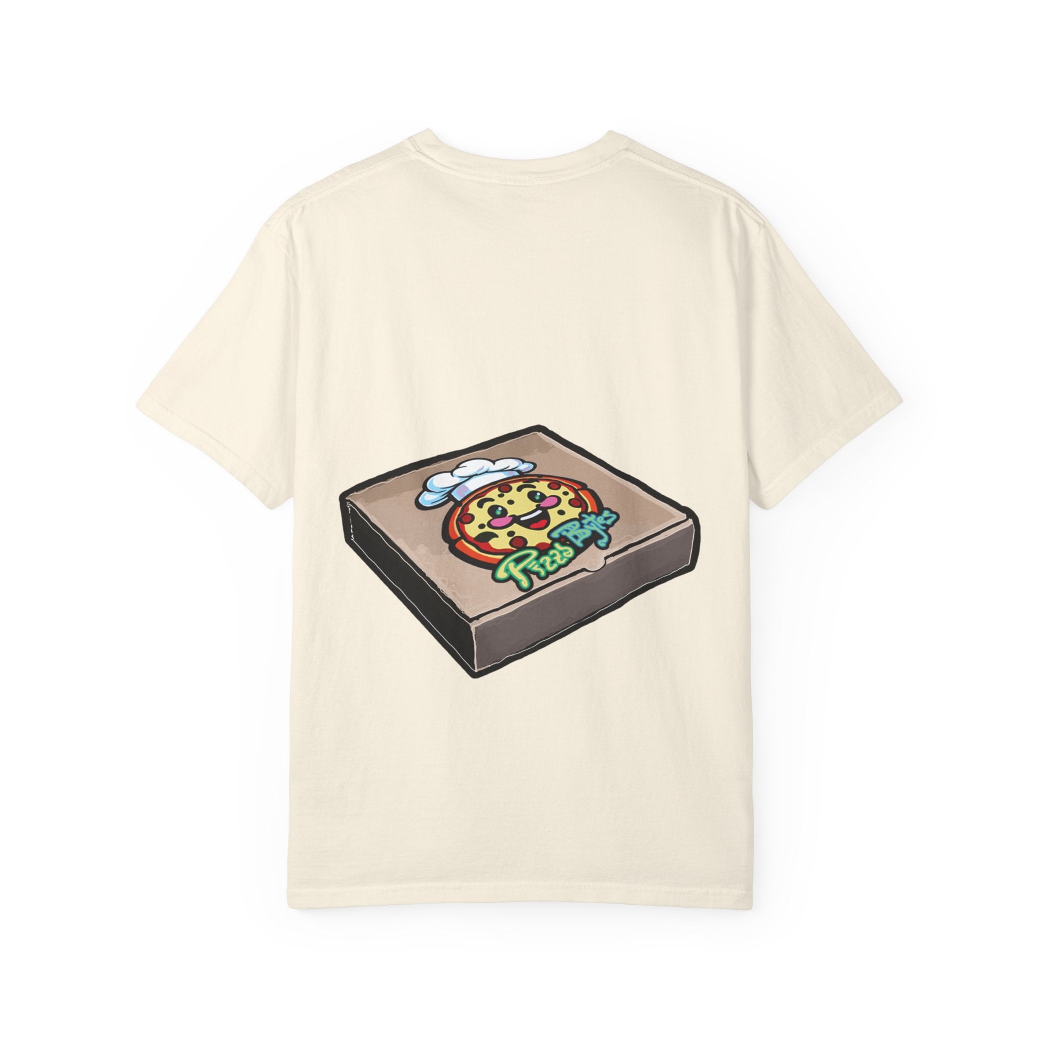 Hand-drawn little devils pizza box t-shirt showing open pizza box with cute red devils eating and stealing pepperoni pizza slices from PizzaBytes collection


