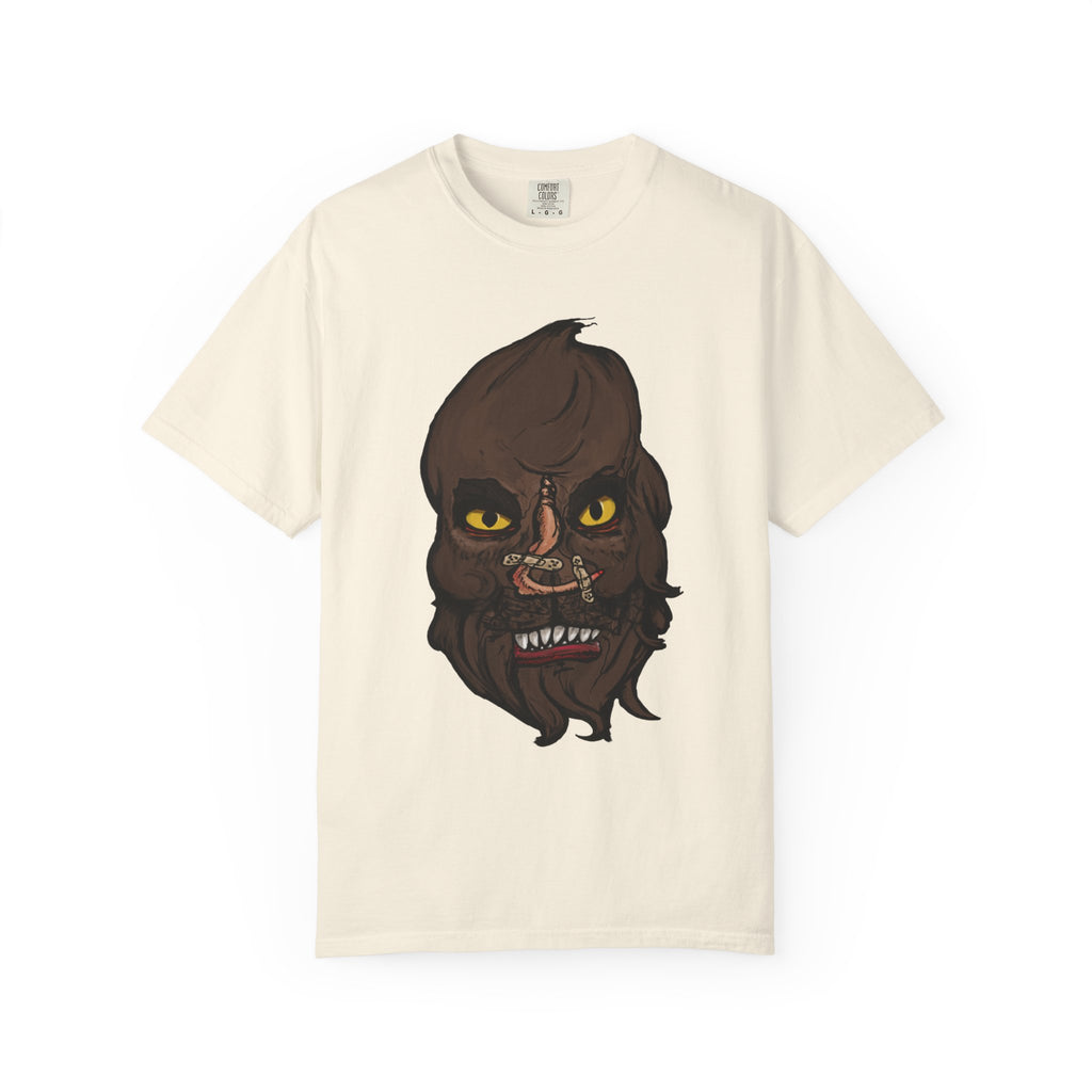 Freaky Features Werewolf t-shirt, front shows werewolf head with glowing yellow eyes and bandaged nose, back shows open pizza box with pepperoni pizza topped with mini cheeseburgers
