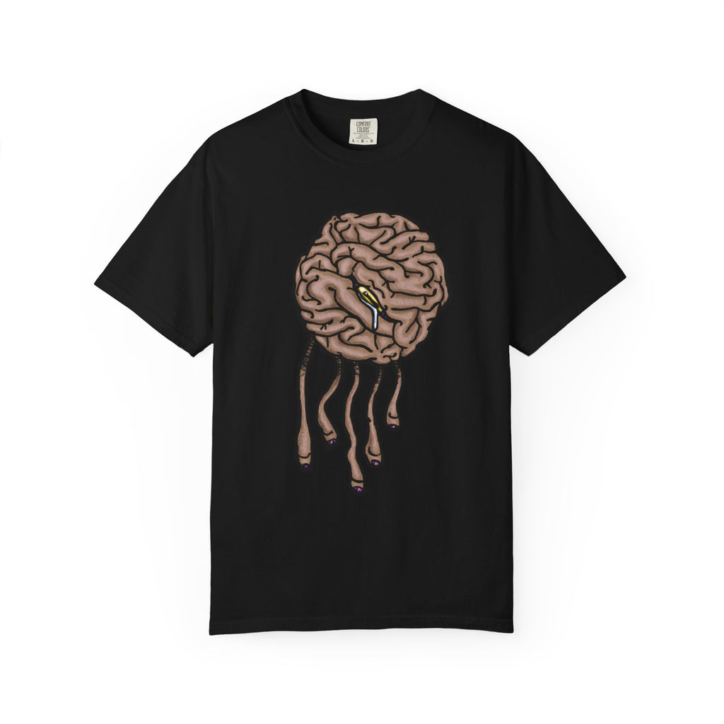 Freaky Features Sad Brian t-shirt, front shows a sad dripping brain monster with tentacles, back shows an open pizza box with half-eaten cake dripping
