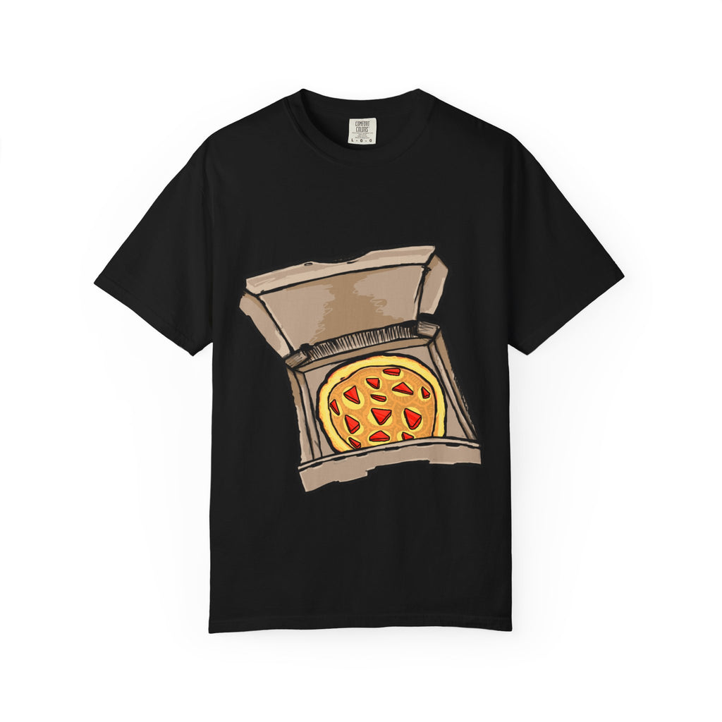 Hand-drawn gold pizza box t-shirt showing open pizza box with gold pizza and red diamond toppings from PizzaBytes collection

