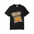 Hand-drawn gold pizza box t-shirt showing open pizza box with gold pizza and red diamond toppings from PizzaBytes collection

