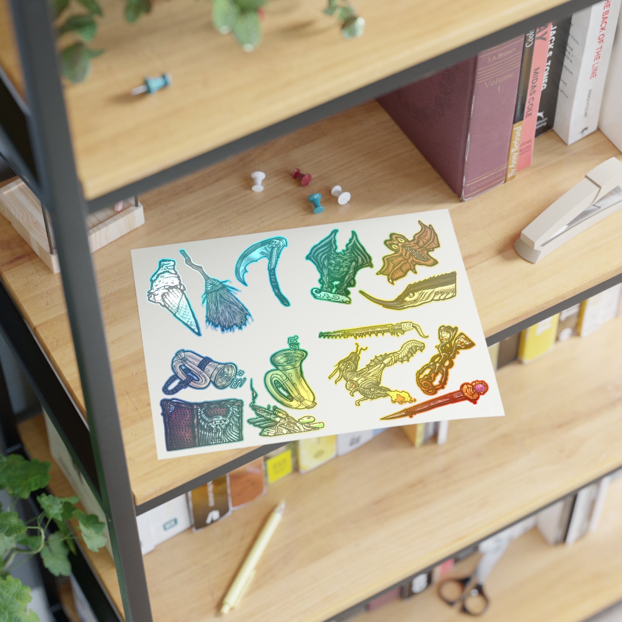 Freaky Features Sticker Sheet Set #4, transparent die-cut sheet with 14 hand-drawn weapons and creatures including ice cream cone, witch broom, skeletal scythe, bat-winged hellbeast, cursed tome and more
