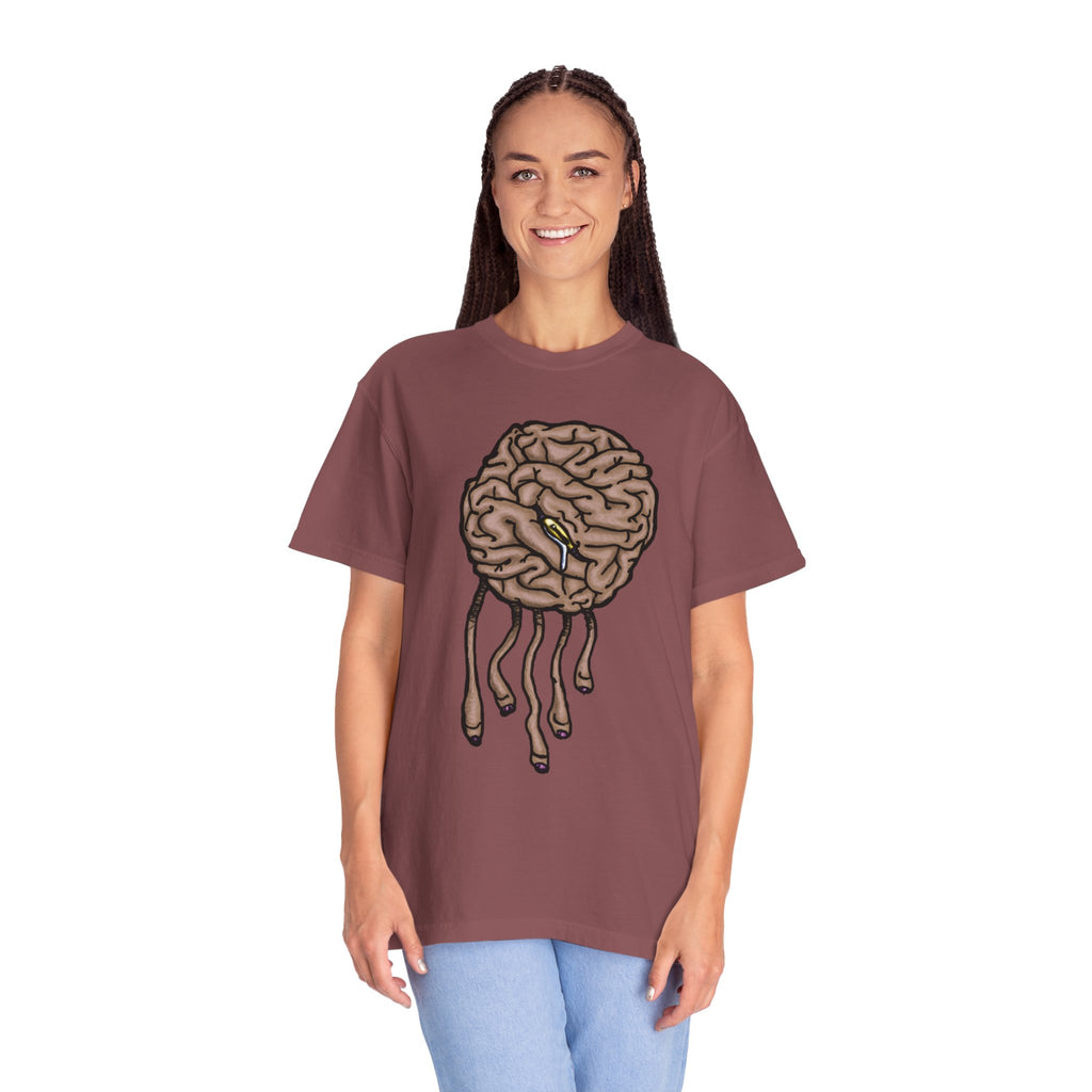 Freaky Features Sad Brian t-shirt, front shows a sad dripping brain monster with tentacles, back shows an open pizza box with half-eaten cake dripping
